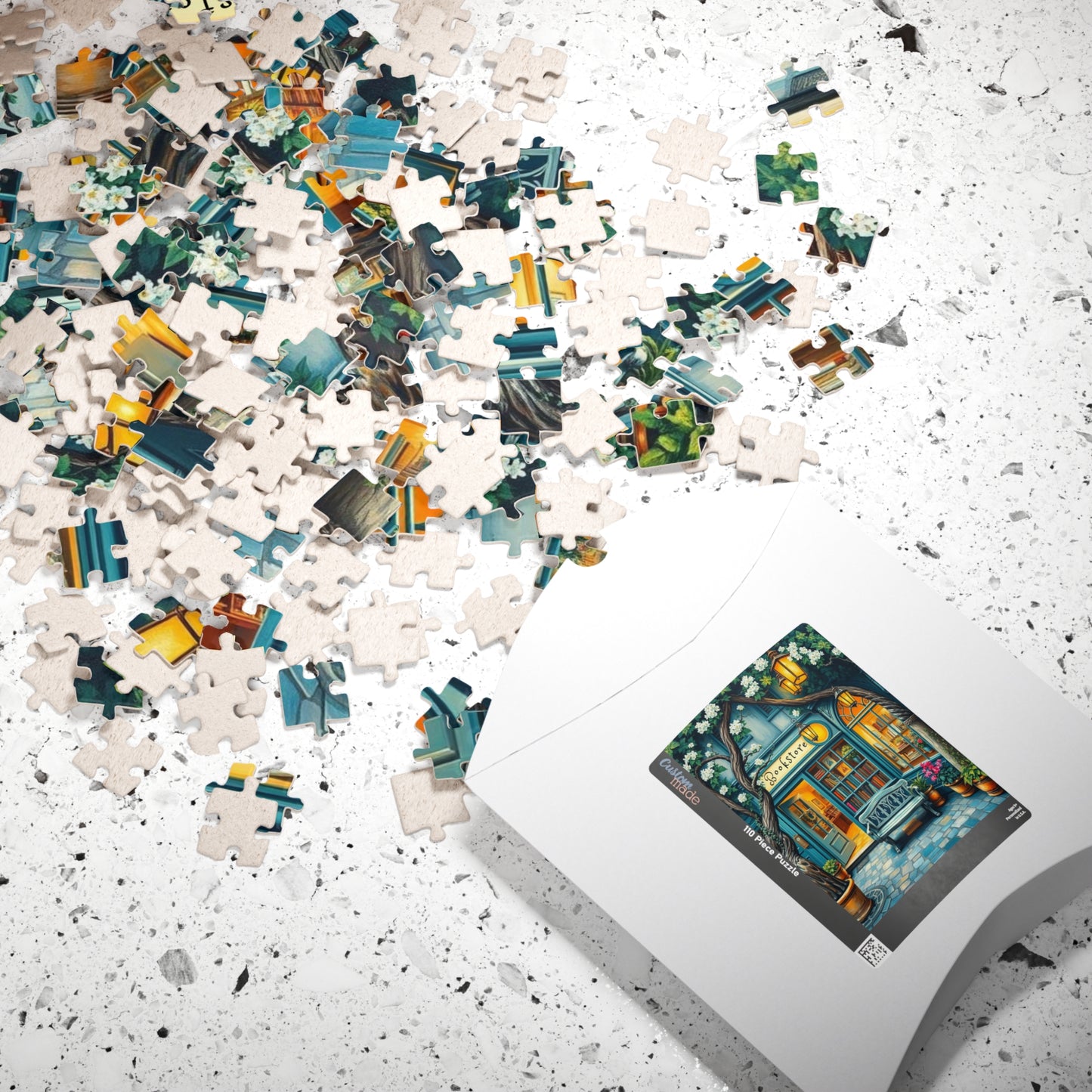 Artistic Bookstore Jigsaw Puzzle – Teal Facade and Garden Bench, Game for Book Lovers Puzzle The Puzzle Chest