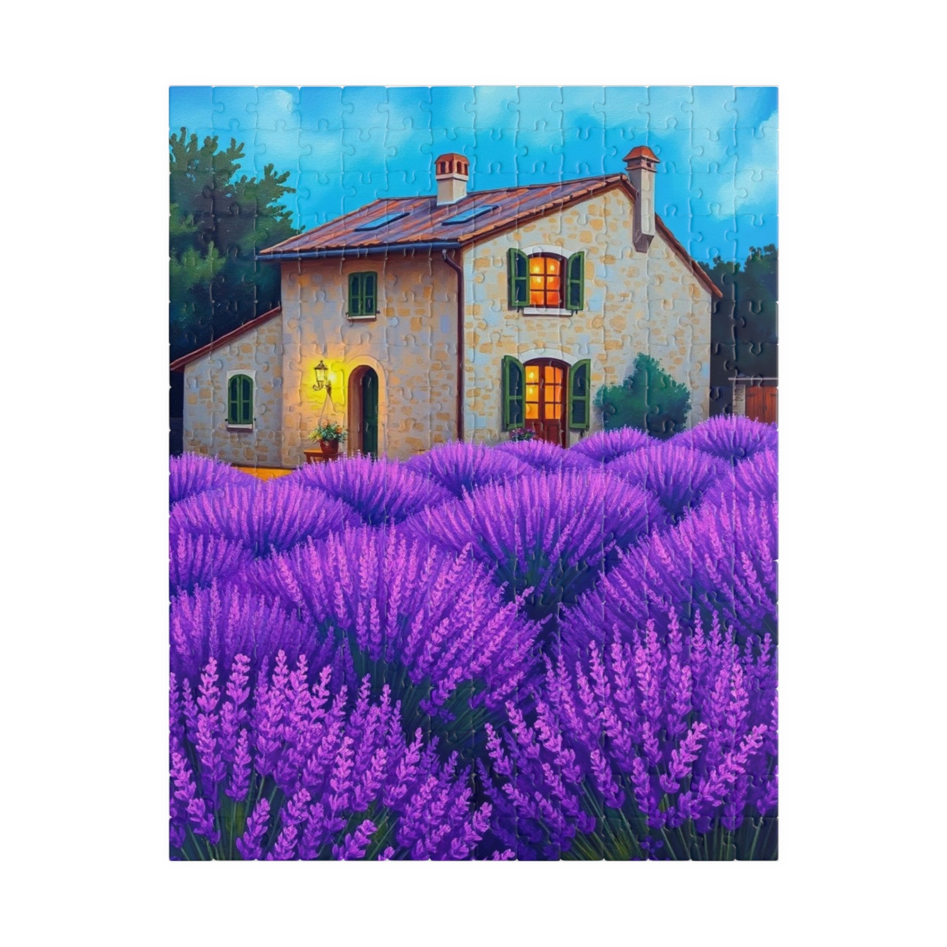 Puzzle, Bioluminescent Lavender Fields in Provence, France, 110/252/520/1014-Piece, Rustic Stone Farmhouse, Wooden Shutters, Vibrant Purple 252 pcs (Vertical) Puzzle The Puzzle Chest