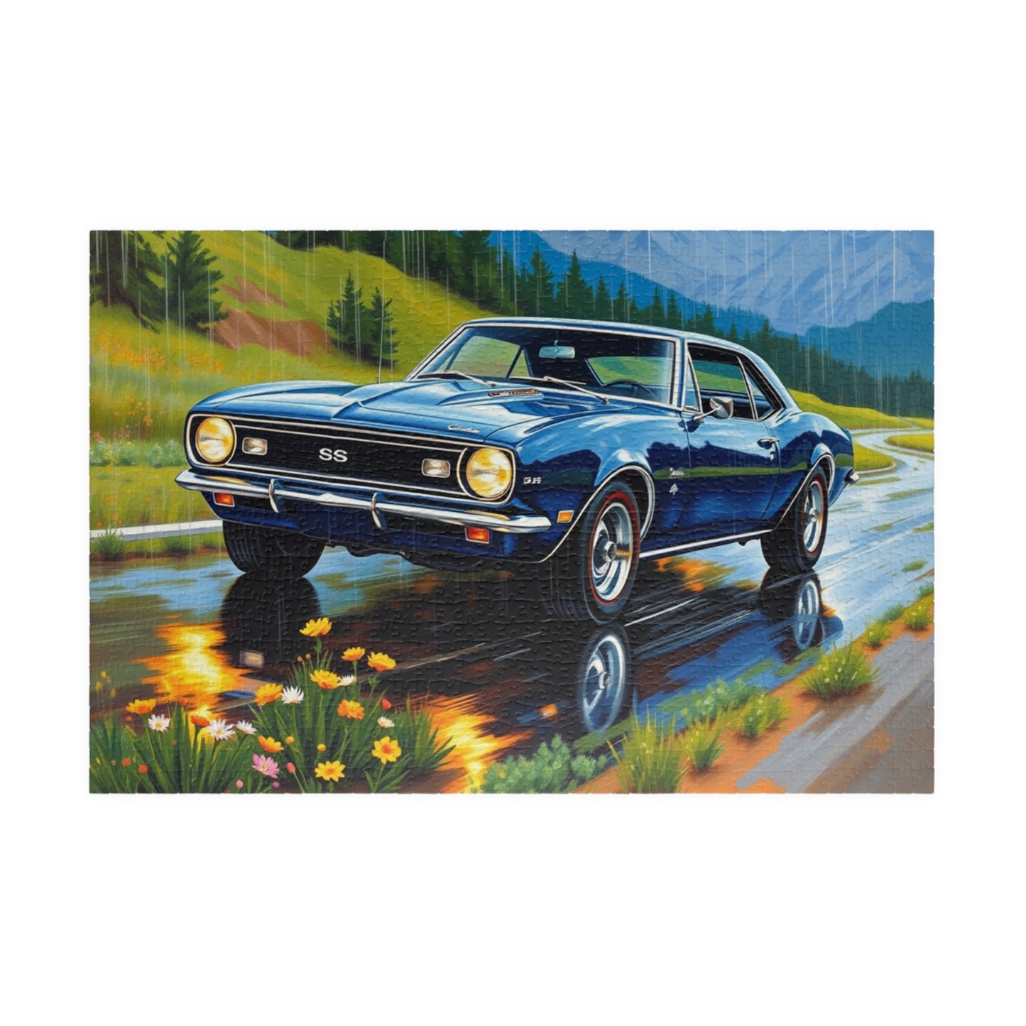 Vintage Muscle Car Jigsaw Puzzle, 1967 Chevrolet Camaro Classic Vehicle, Chevy on Rainy Road Trip Scenic Art, Car Lover Gift for Him 1014 pcs (Horizontal) Puzzle The Puzzle Chest