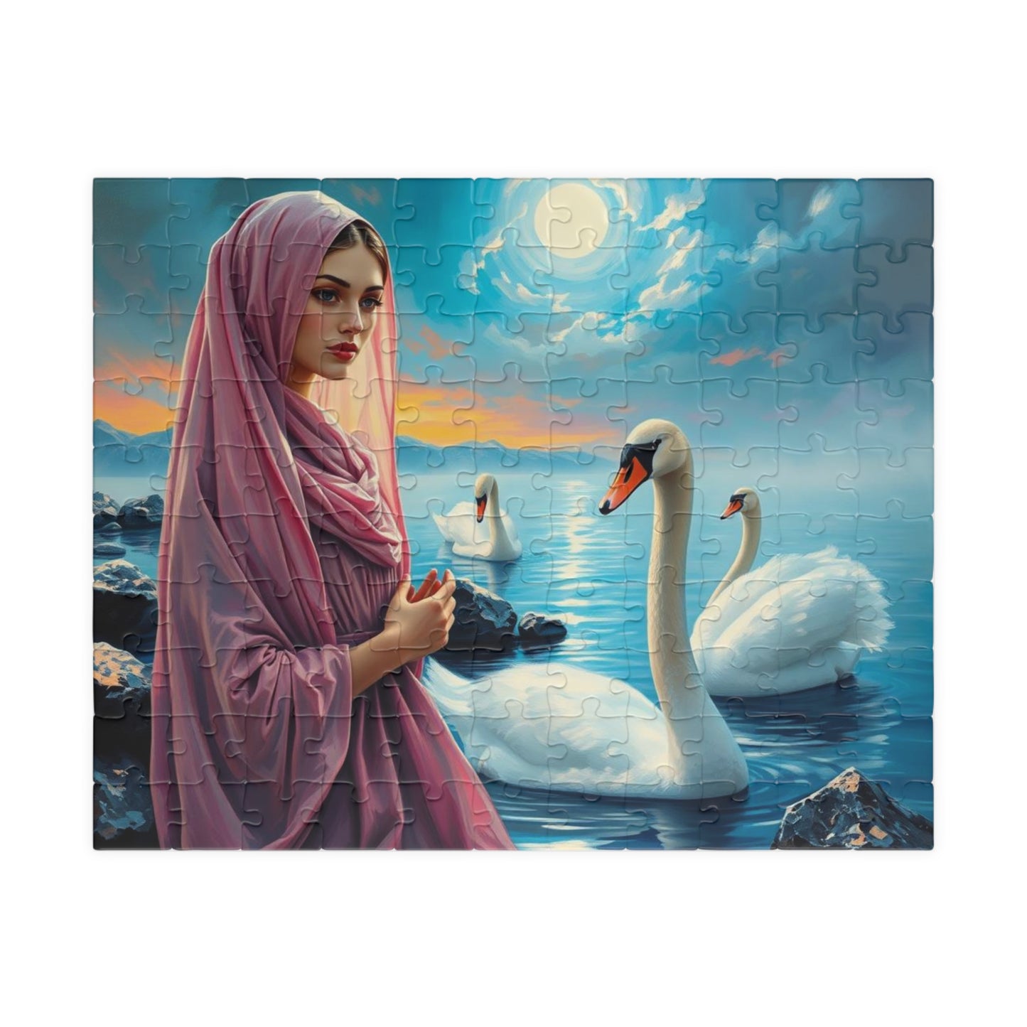 Echo of Avalon Jigsaw Puzzle, Mystic Lake with Swans Veiled Women, Dark Fantasy Puzzle, Gothic Puzzle Gift for Art Lover, Solo Fun, Game Night 110 pcs (Horizontal) Puzzle The Puzzle Chest