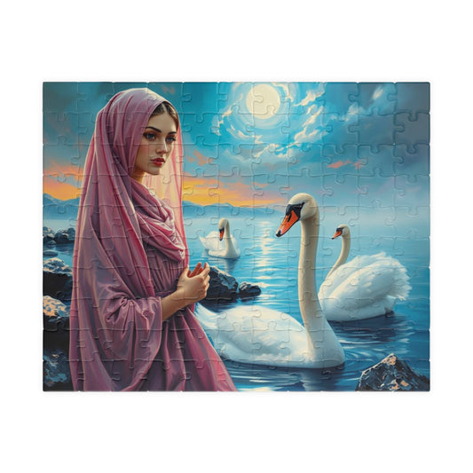 Echo of Avalon Jigsaw Puzzle, Mystic Lake with Swans Veiled Women, Dark Fantasy Puzzle, Gothic Puzzle Gift for Art Lover, Solo Fun, Game Night 110 pcs (Horizontal) Puzzle The Puzzle Chest