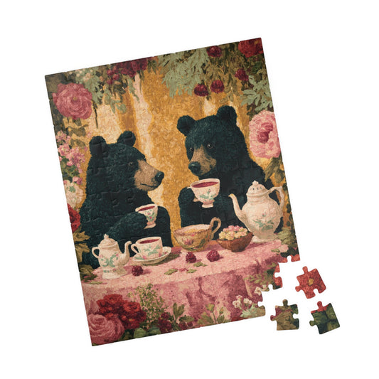 Pretty in Pink – Rosy Bear Tea Party Puzzle with Romantic Cottage Garden Scene, Animal Themed Jigsaw Game 110 pcs (Vertical) Puzzle The Puzzle Chest