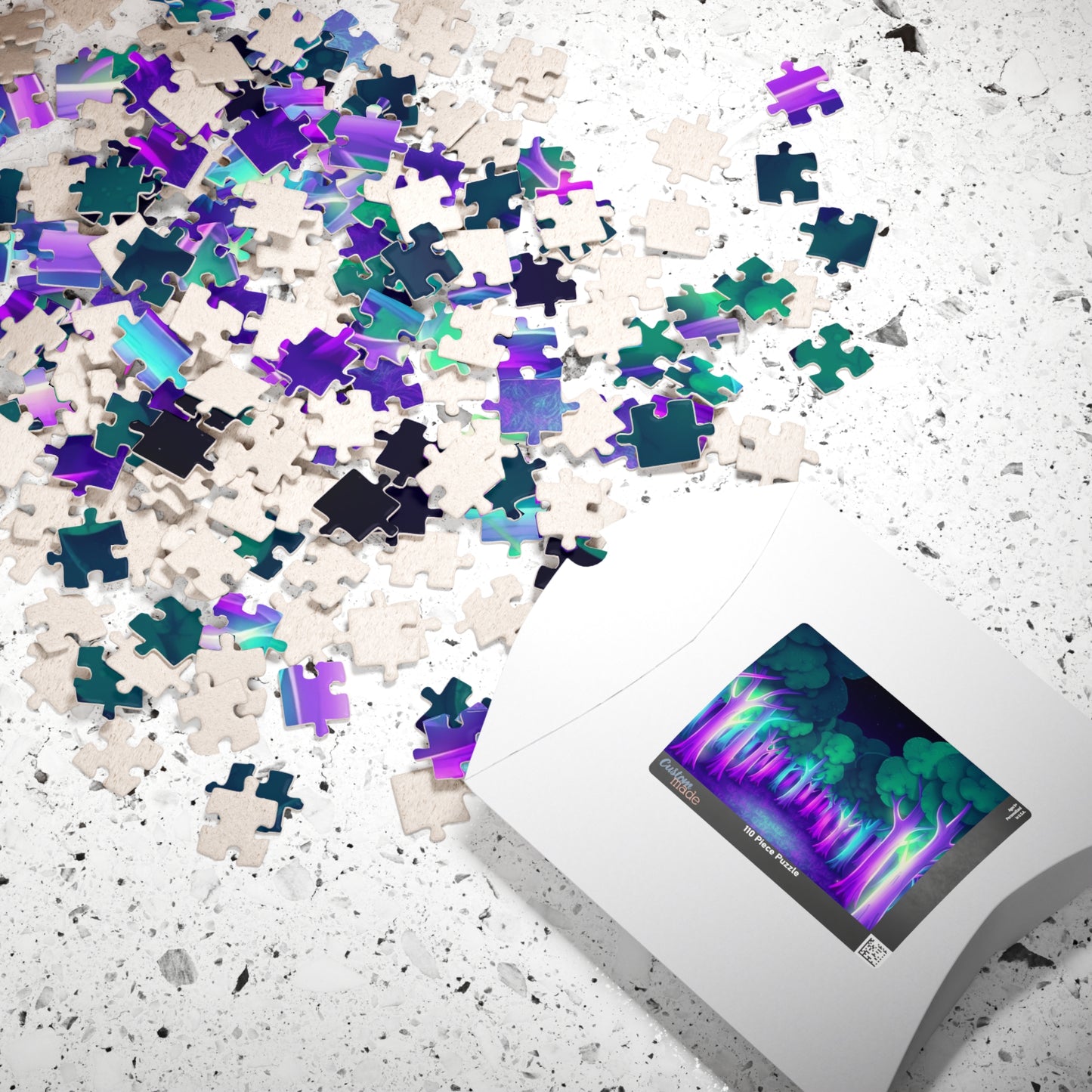 Abstract Forest Landscape Jigsaw Puzzle, Glowing Purple Green Neon Trees, Fantasy Art Puzzle Lover, Quiet Time Leisurely Activity, Fun Hobby Puzzle The Puzzle Chest