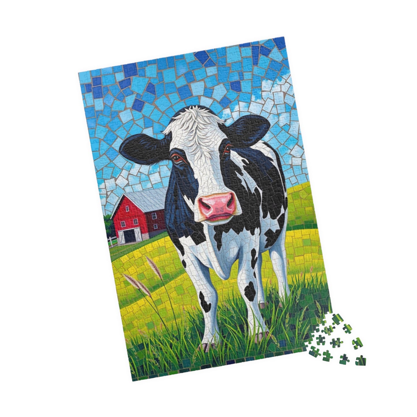Mosaic Art Cow Jigsaw Puzzle, Peaceful Rural Landscape, Black and White Cow in a Farm Pasture with Red Barn and Blue-Sky Tabletop Game, Gift Puzzle The Puzzle Chest