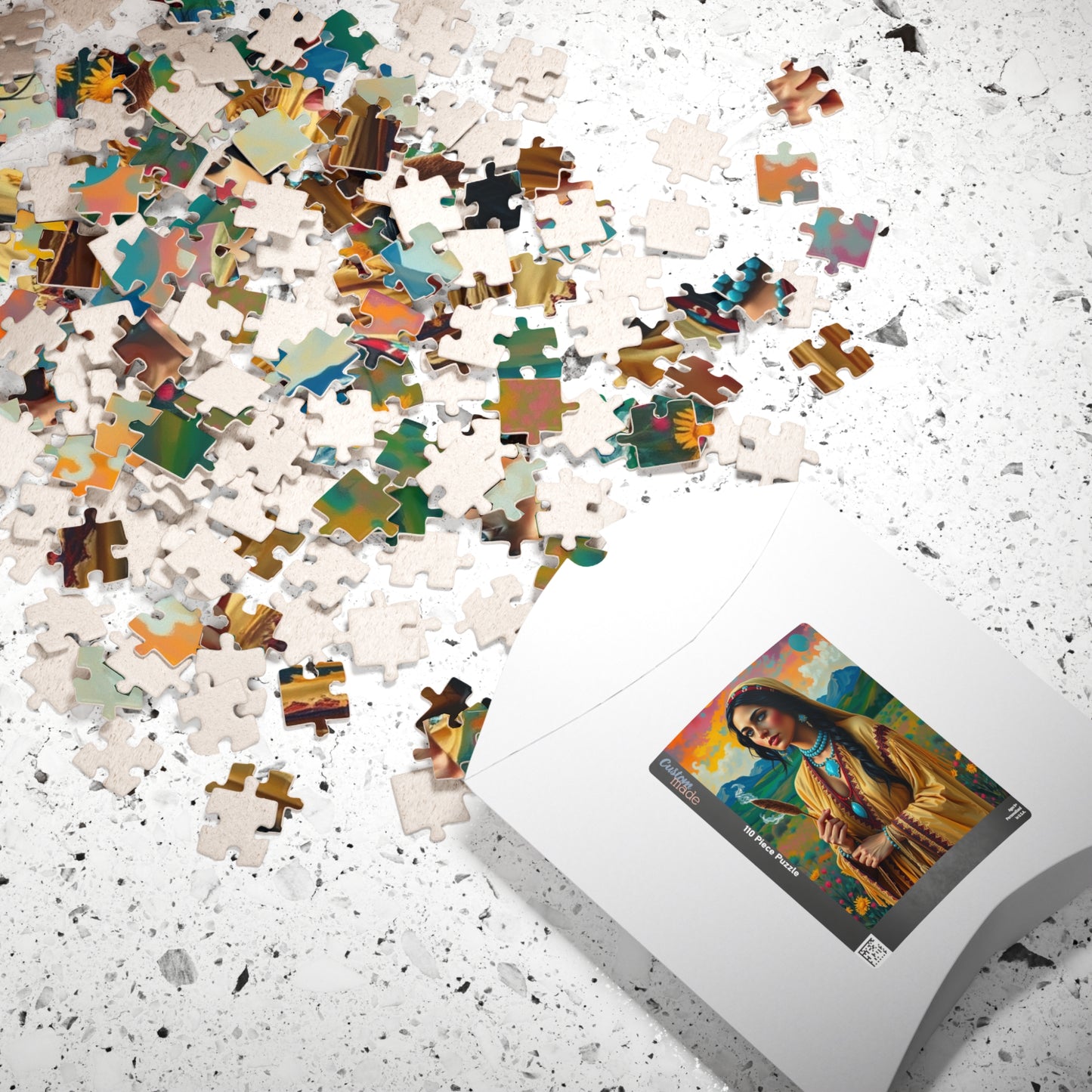 Spiritual Indigenous Bride Puzzle with Turquoise Jewelry and Smudge Stick, Colorful Landscape Wedding Jigsaw Game, Unique Puzzle Lover Gift Puzzle The Puzzle Chest