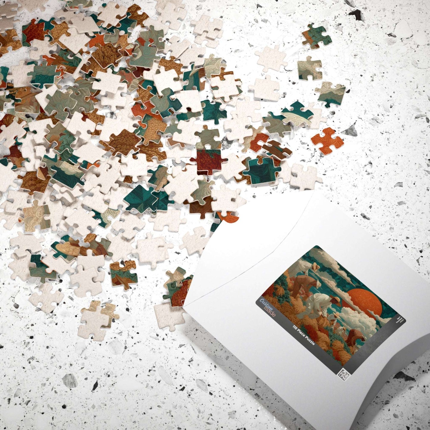 Afrocentric Black Art Jigsaw Puzzle - Sharecroppers in Golden Fields with Quilt-Pattern Sky Puzzle The Puzzle Chest