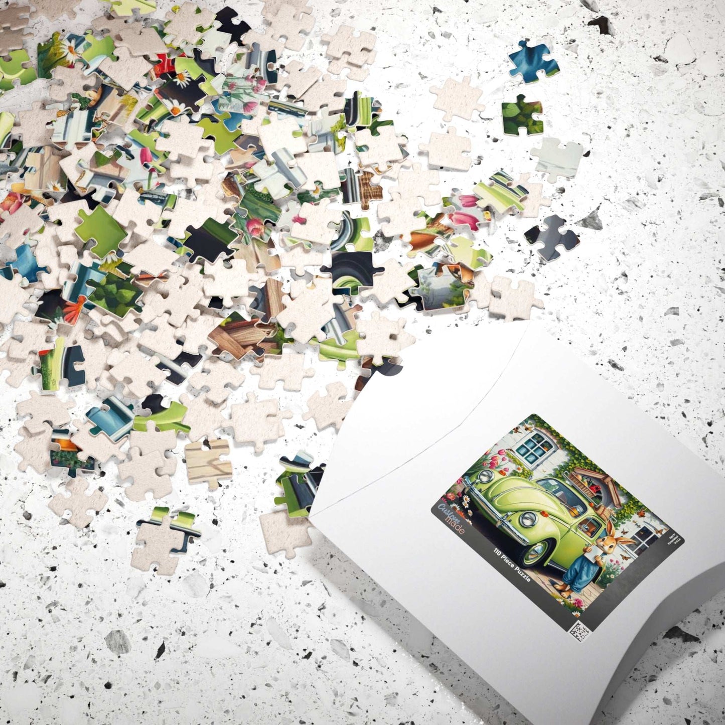 Springtime Garden Delivery Vintage Car Puzzle, Classic Retro Auto Jigsaw Game with Easter Rabbit Puzzle The Puzzle Chest