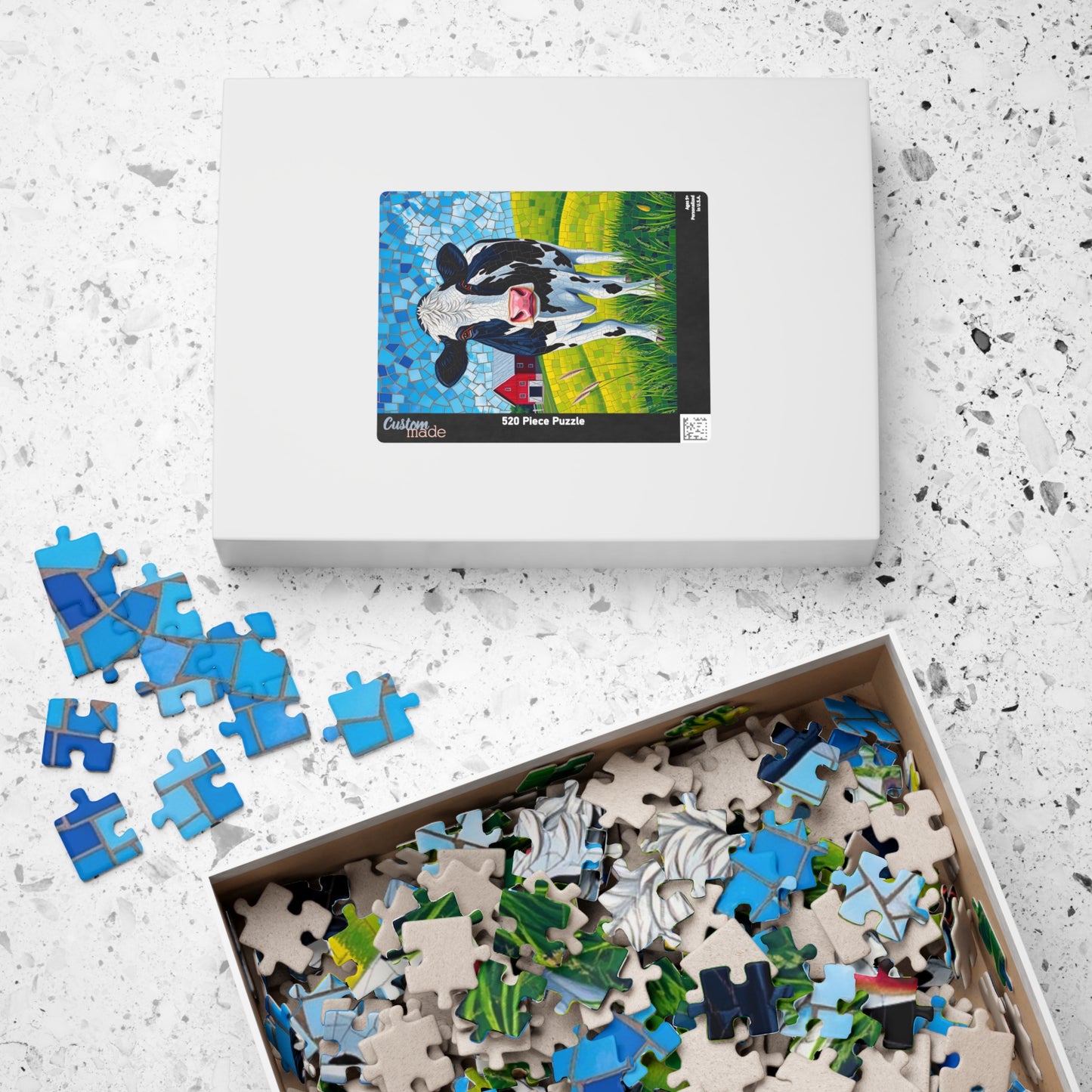 Mosaic Art Cow Jigsaw Puzzle, Peaceful Rural Landscape, Black and White Cow in a Farm Pasture with Red Barn and Blue-Sky Tabletop Game, Gift Puzzle The Puzzle Chest