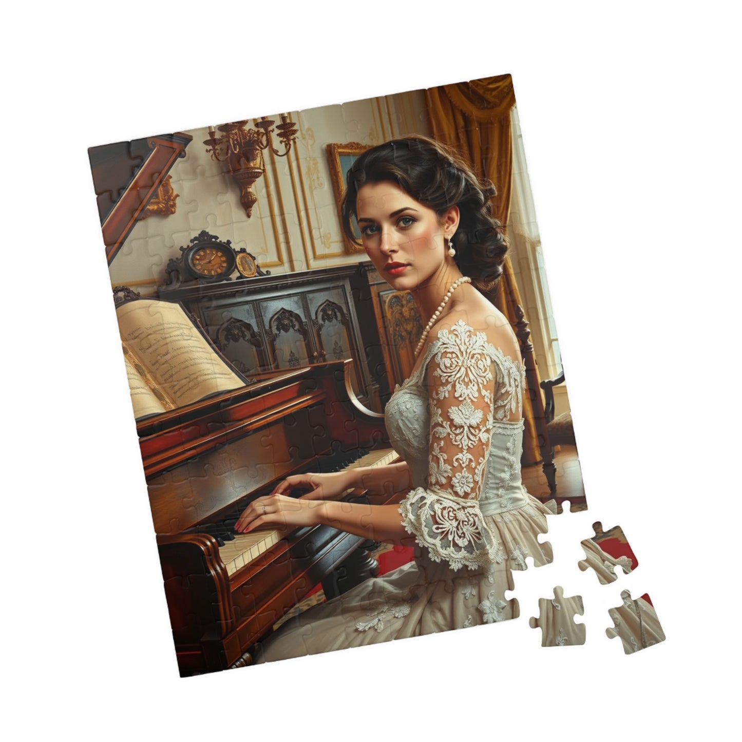 Victorian Woman Art Jigsaw Puzzle (110-1014 Piece), Vintage Drawing Room, Lady Playing Piano in Lace and Pearl Gown, Art Enthusiast Gift Puzzle The Puzzle Chest