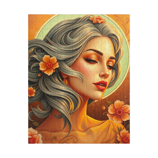Jigsaw Puzzle, Elegant Art Beautiful Grey-Haired Woman Portrait, Vintage Flower Design, Romantic Decorative Scene, Puzzle Enthusiast, Gift 252 pcs (Vertical) Puzzle The Puzzle Chest
