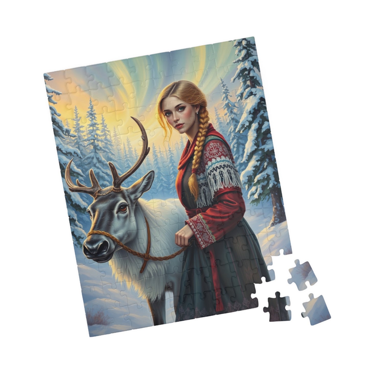 Nordic Cultural Winter Jigsaw Puzzle, Woman Guiding Reindeer Northern Lights, Sami Attire Snowy Forest, Best Unique Gift for Puzzle Lover Puzzle The Puzzle Chest