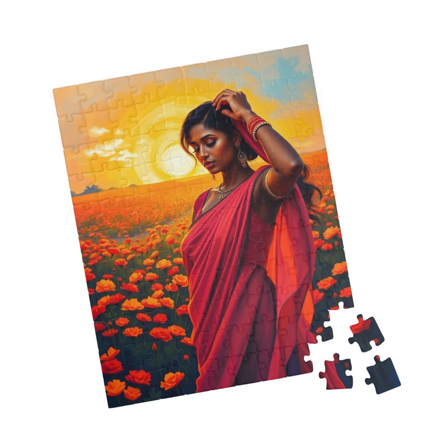 Jigsaw Puzzle, South Asian Woman in Marigold Field Sunset, 110 252 520 1014-Piece, Meditation Relaxation Activity, Mindfulness Gift, Ethnic Puzzle The Puzzle Chest