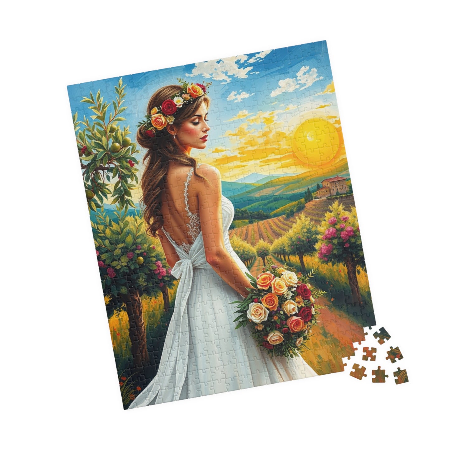 Romantic Italian Bride Jigsaw Puzzle, White Gown Floral Crown Rose Bouquet, Tuscan Wine Vineyard Romantic Wedding, Unique Puzzle Lover Gift Puzzle The Puzzle Chest