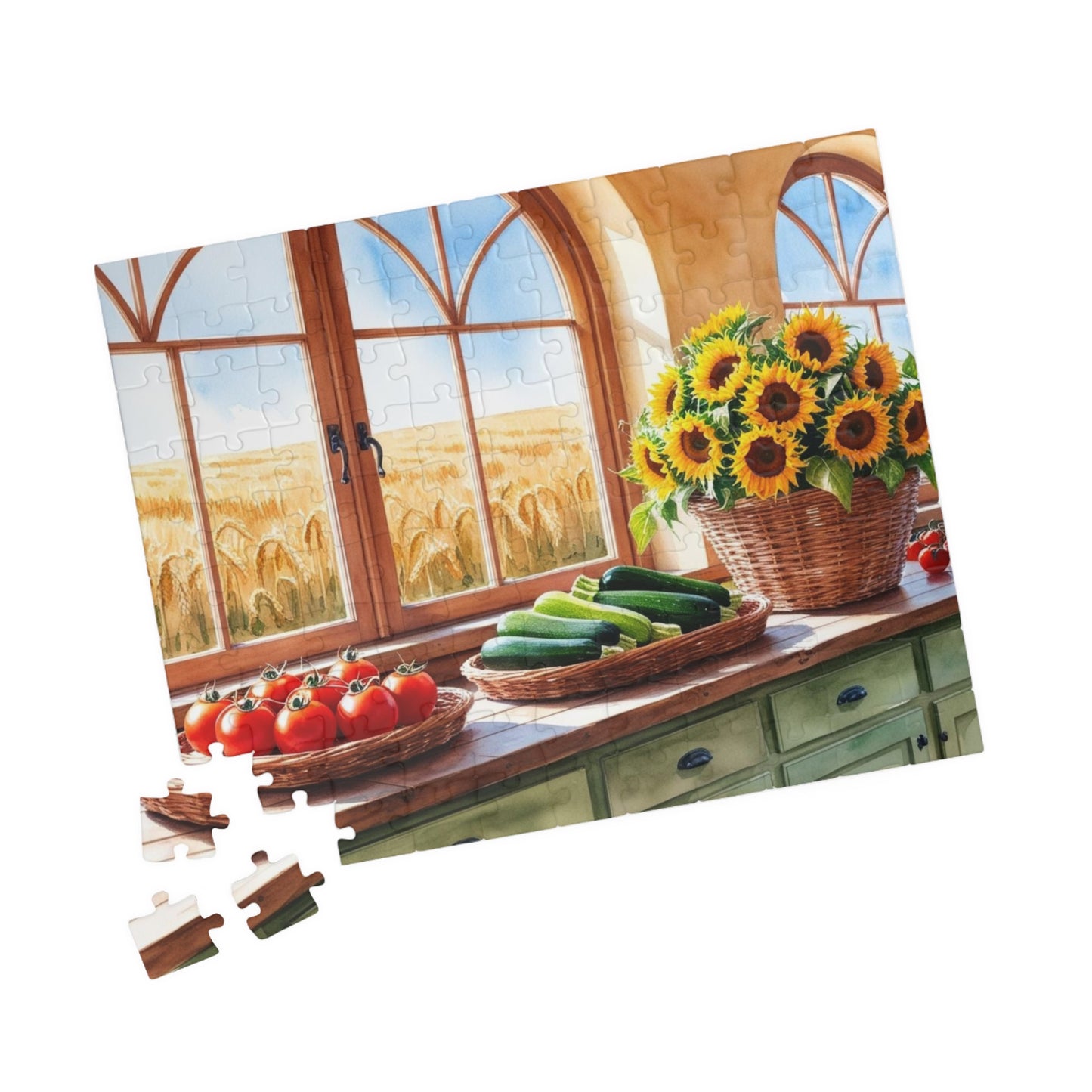 Summer Harvest Puzzle, Farmhouse Kitchen Jigsaw Game, 110 252 520 1014-Piece - Tomatoes Zucchini Sunflowers Golden Wheat Fields Puzzle The Puzzle Chest