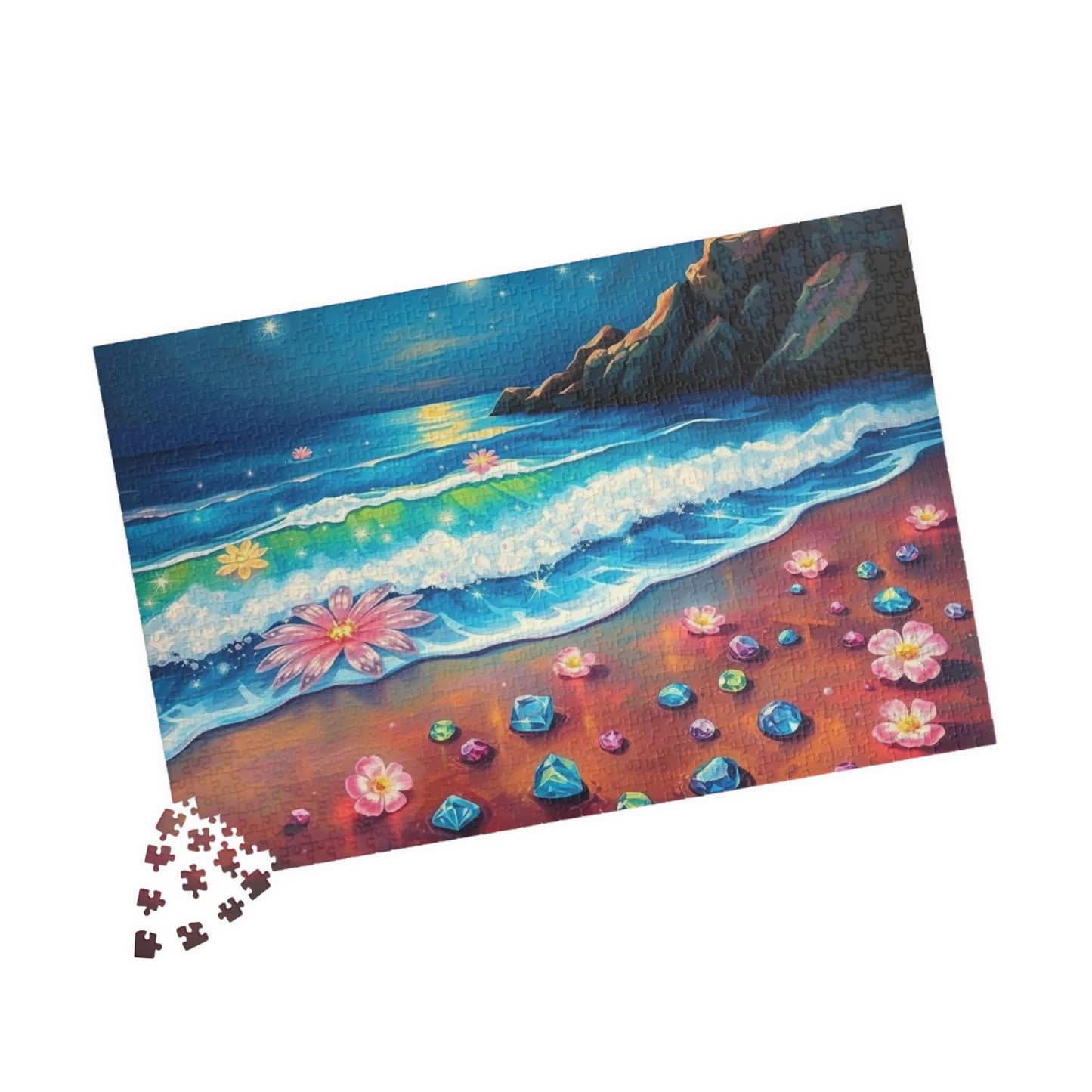 Lotus Shoreline Dreams - Surreal Beach Jigsaw Puzzle with Gems and Water Lilies, Gift for Ocean Lover, Coastal Home Décor, Family Activity Puzzle The Puzzle Chest