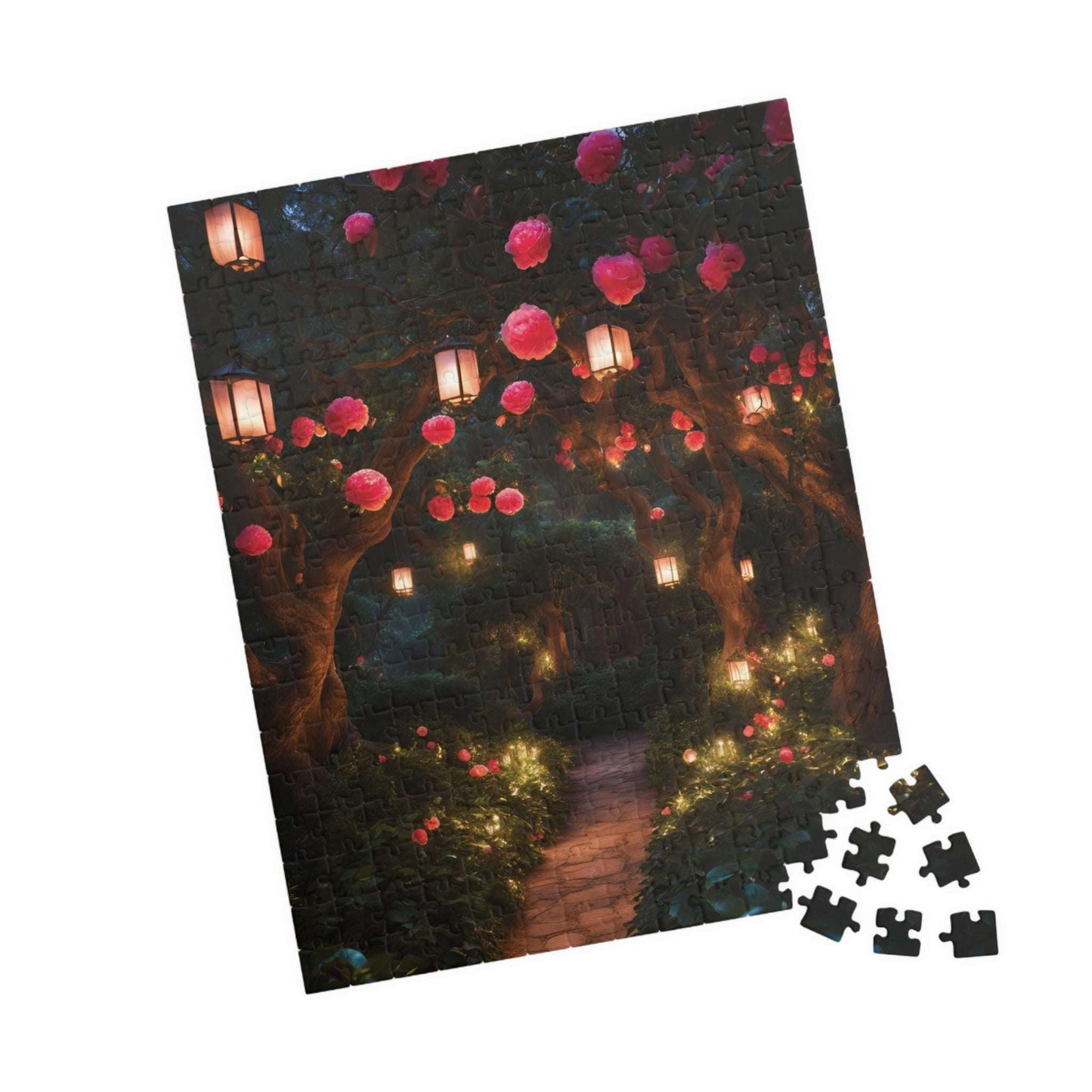 Camellia Flowers Nighttime Puzzle, Tranquil Lantern-Lit Floral Scene, Cozy and Relaxing Jigsaw Game for Adults, Ideal Nature Lover Gift Puzzle The Puzzle Chest