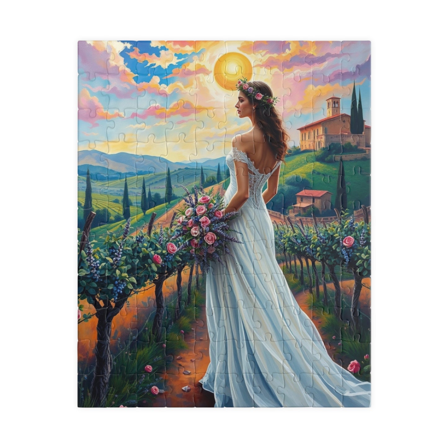 Whimsical Italian Bride Jigsaw Puzzle, White Gown Floral Crown Rose Bouquet, Tuscan Vineyard Romantic Wedding, Modern Art Lover Unique Gift 110 pcs (Vertical) Puzzle The Puzzle Chest