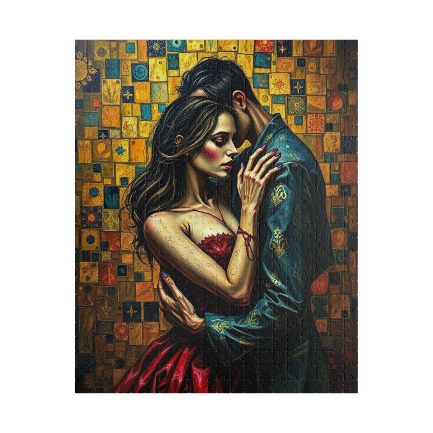 Romantic Embrace Gothic Jigsaw Puzzle, Eerie Couple Hugging Golden Jewel-Toned Patterns, Stress Relief, Unique Dark Art Puzzle Lover Gift 520 pcs (Vertical) Puzzle The Puzzle Chest