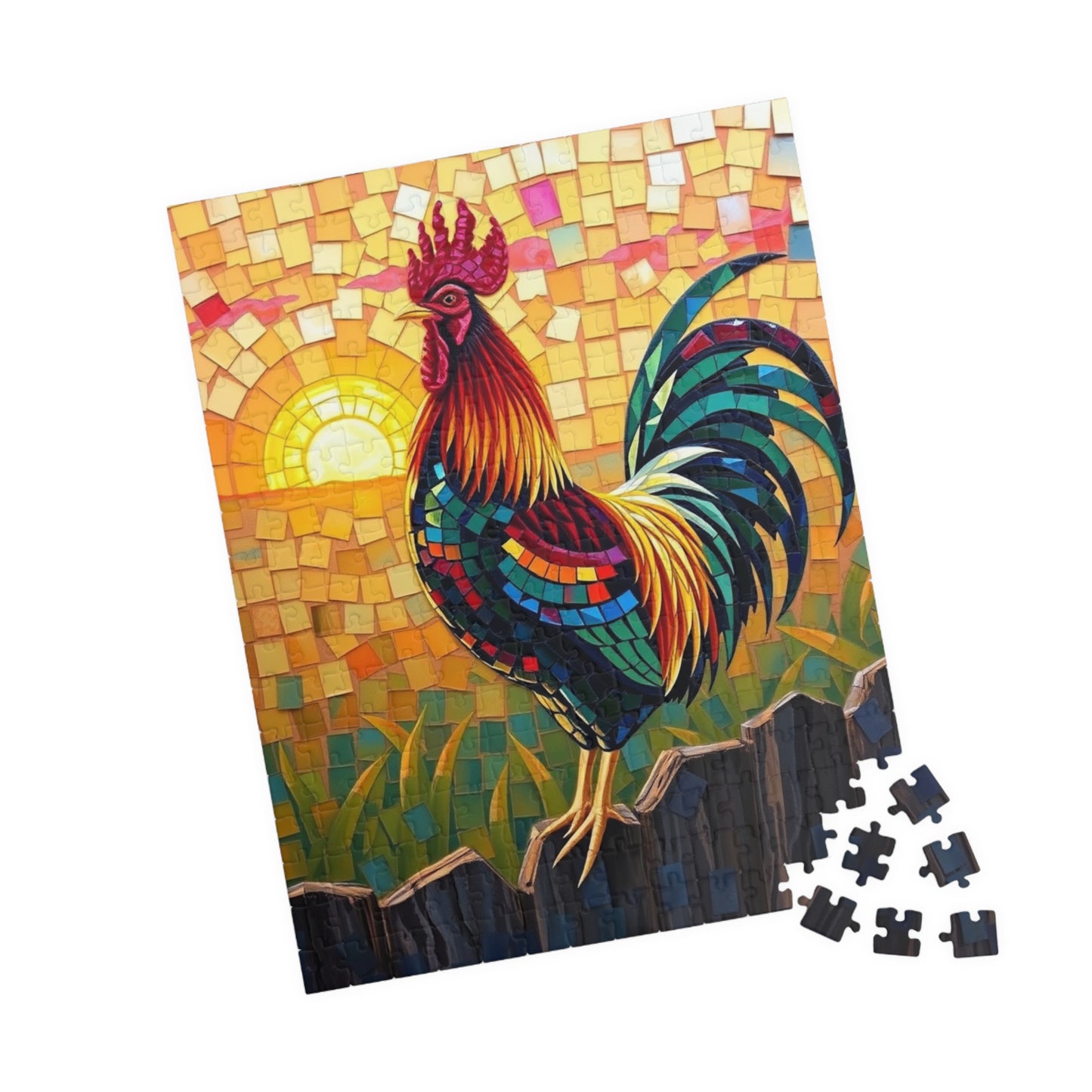 Mosaic Rooster Jigsaw Puzzle, Vibrant Farm Animal Tabletop Game with Sunrise Scene for Adults, Family Game Night, Puzzle Lover Mindful Gift Puzzle The Puzzle Chest