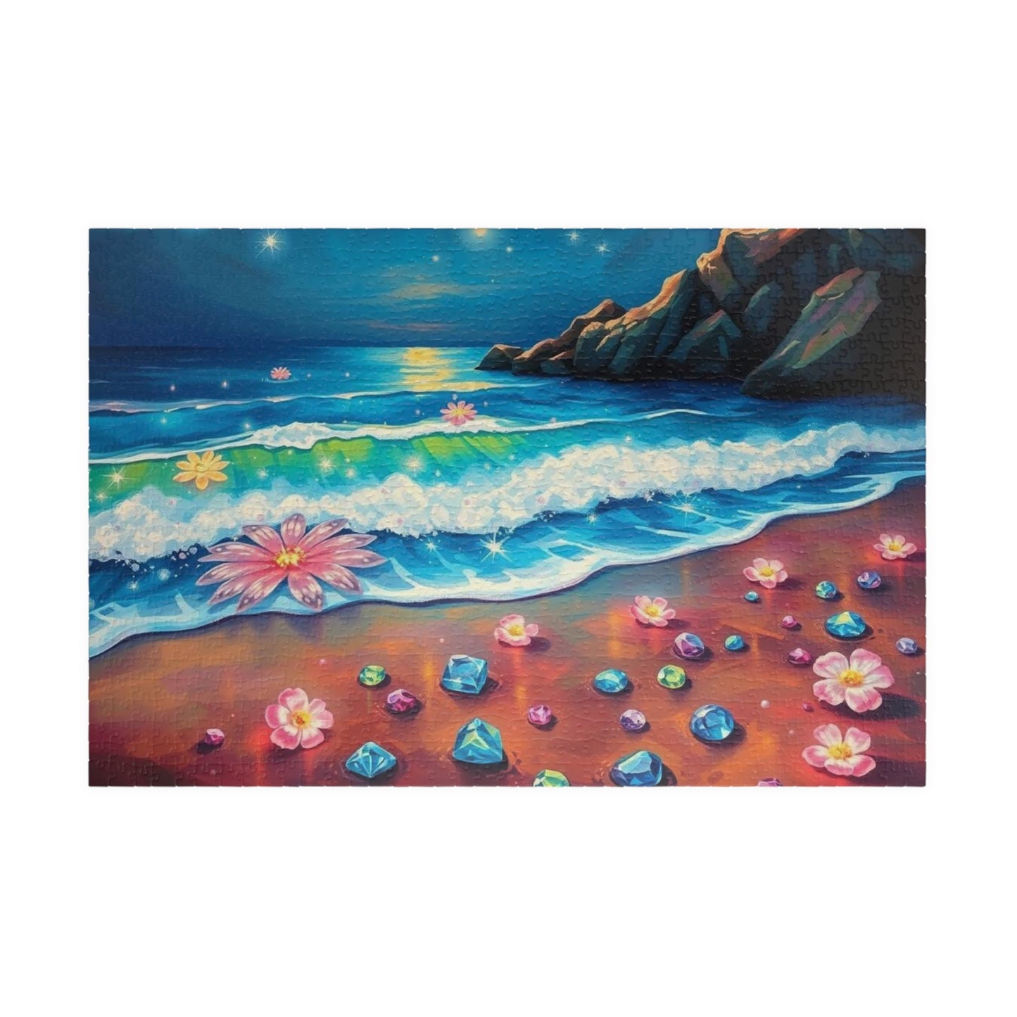 Lotus Shoreline Dreams - Surreal Beach Jigsaw Puzzle with Gems and Water Lilies, Gift for Ocean Lover, Coastal Home Décor, Family Activity 1014 pcs (Horizontal) Puzzle The Puzzle Chest