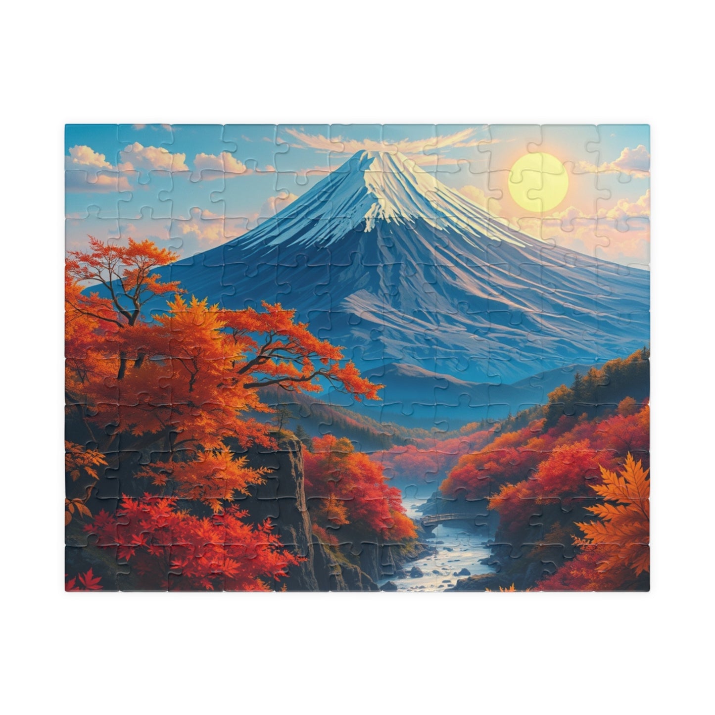 Surreal Autumn Mount Fuji Puzzle: Snow-Capped Peak and Vibrant Foliage Landscape Puzzle, Famous Landmark Jigsaw Game, Nature Lover Gift 110 pcs (Horizontal) Puzzle The Puzzle Chest