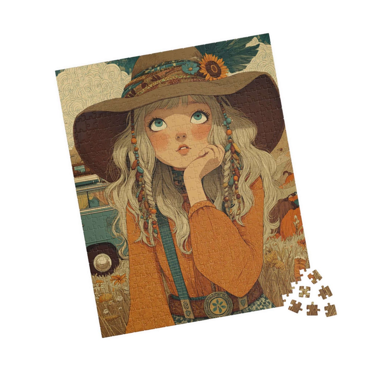 1970s Autumn Cowgirl Jigsaw Puzzle - Boho Meadow, Cartoon-Style Illustration Perfect Gift for Family, Friends, Creative Fun, Home Decor 520 pcs (Vertical) Puzzle The Puzzle Chest