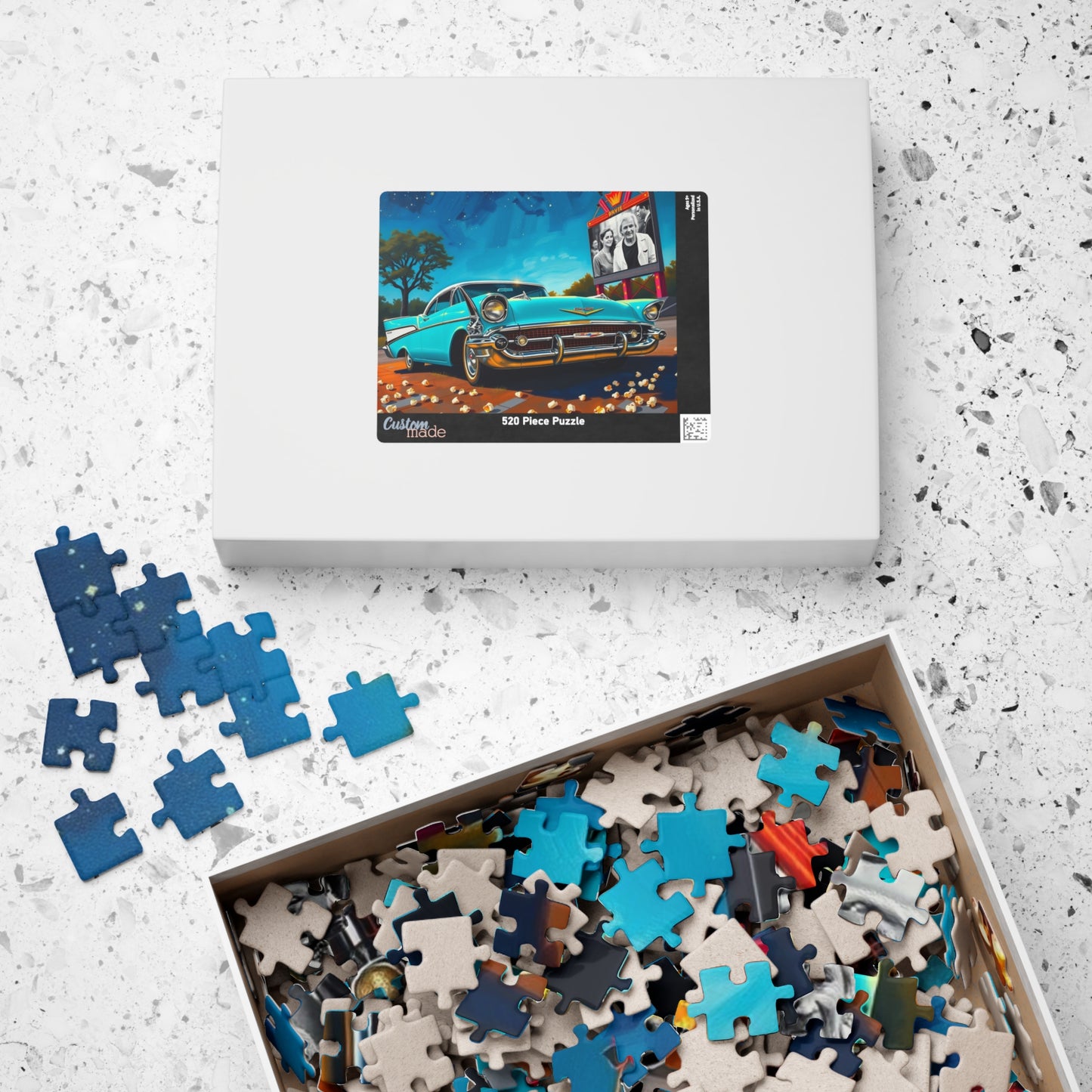 Nostalgic 1950s Car Puzzle, Turquoise Bel Air at Neon-Lit Drive-In, Classic American Car Enthusiast, Best Gift for Him, Mindfulness Puzzle The Puzzle Chest