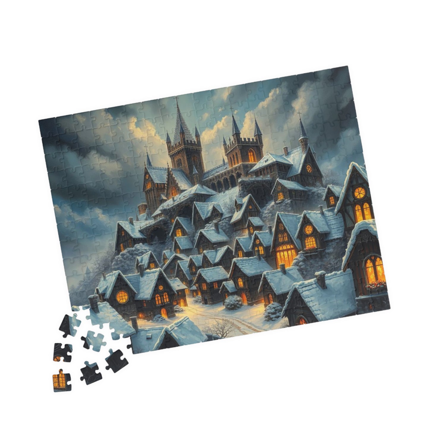 Gothic Hearths Winter Village Jigsaw Puzzle, Gothic Art Print of Enchanting Winter Castle, Puzzle Lover Gift for Dark Fantasy Enthusiasts Puzzle The Puzzle Chest