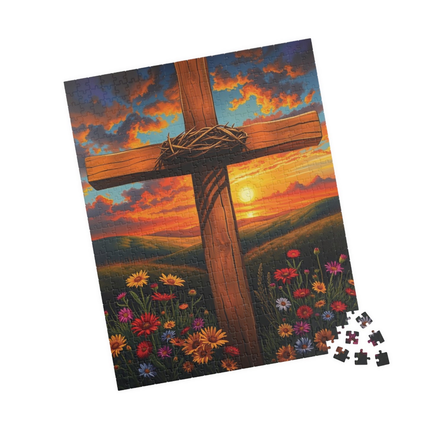 Crown of Thorns Cross Puzzle, Sunset Scene with Symbolic Christian Art, Religious Faith-Based Jigsaw Game, Inspirational Puzzle Lover Gift
