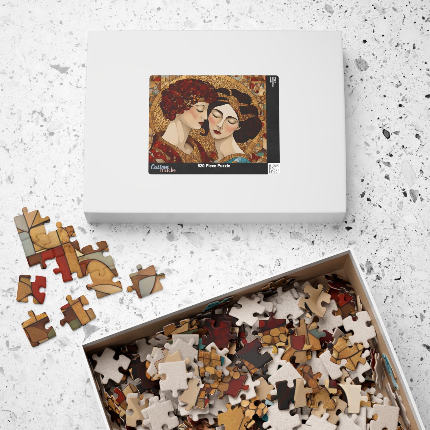 The Kiss Mosaic Jigsaw Puzzle, Klimt-inspired, Gold Accents Floral & Geometric Shapes Entwined Figures, Art Lover Gift Puzzle Enthusiast Puzzle The Puzzle Chest