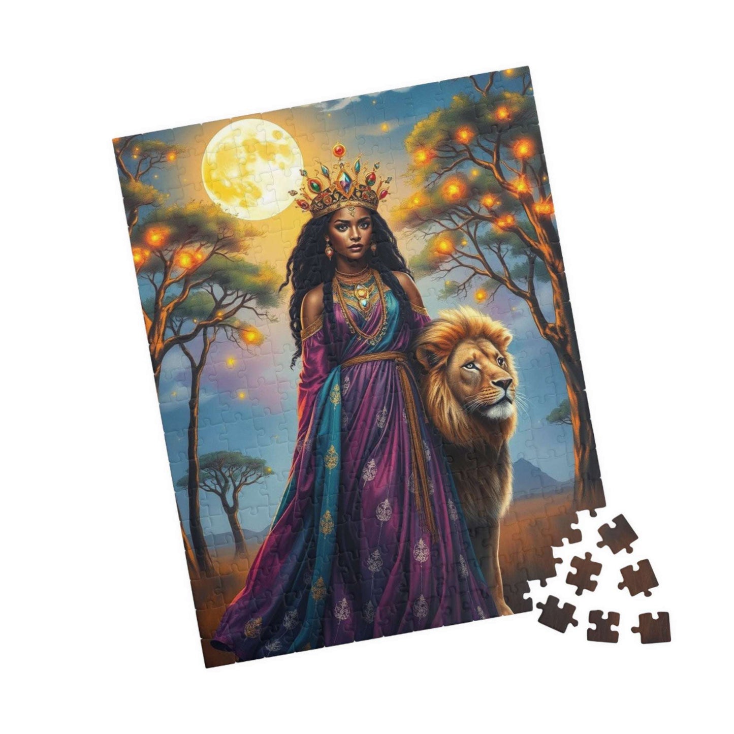 Moonlit African American Princess Puzzle - Savannah Night Jigsaw, Black Woman Art, Afrocentric Artwork 252 pcs (Vertical) Puzzle The Puzzle Chest