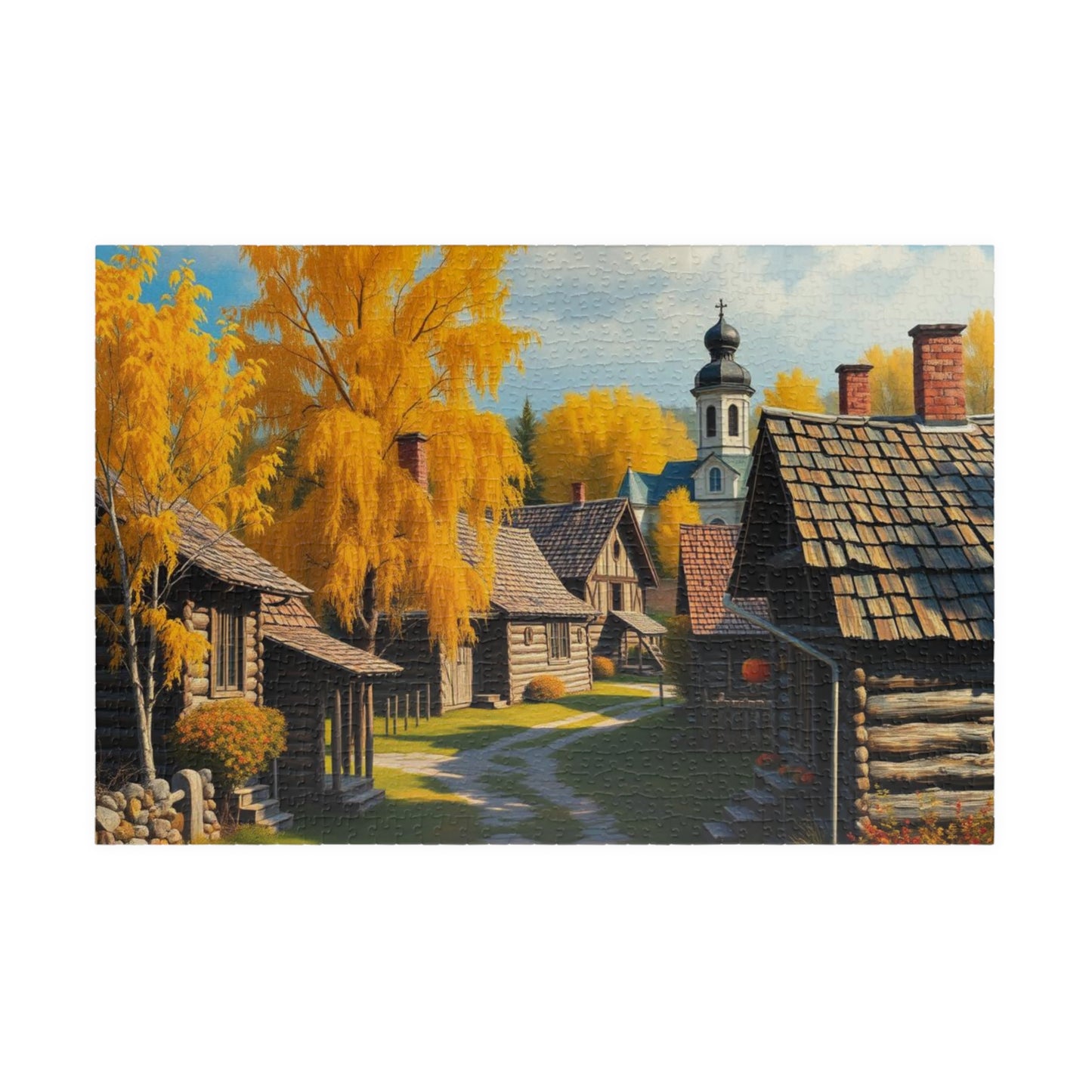 Rustic Slavic Village Jigsaw Puzzle for Adults, Autumn Wooden Cottages Golden Birch Trees, Gift for Friends, Family Activity, Creative Hobby 1014 pcs (Horizontal) Puzzle The Puzzle Chest