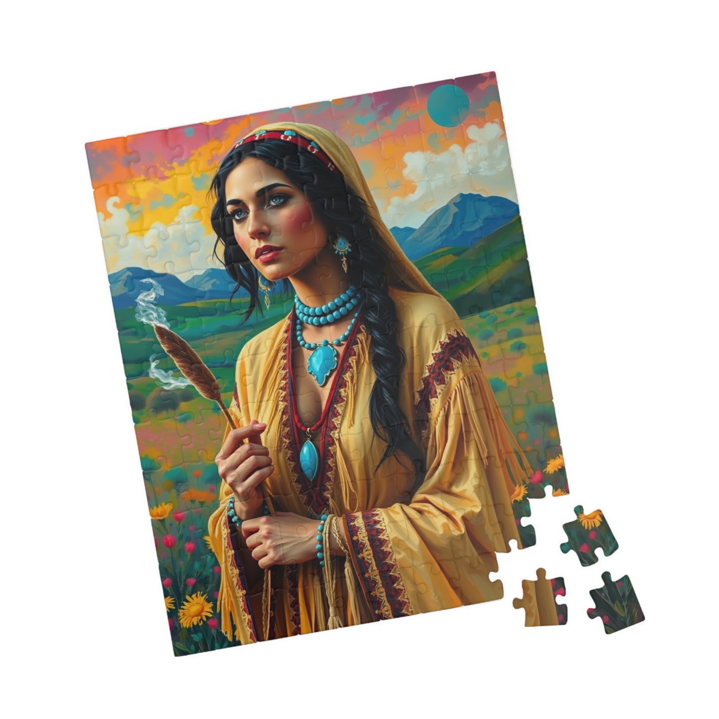 Spiritual Indigenous Bride Puzzle with Turquoise Jewelry and Smudge Stick, Colorful Landscape Wedding Jigsaw Game, Unique Puzzle Lover Gift Puzzle The Puzzle Chest