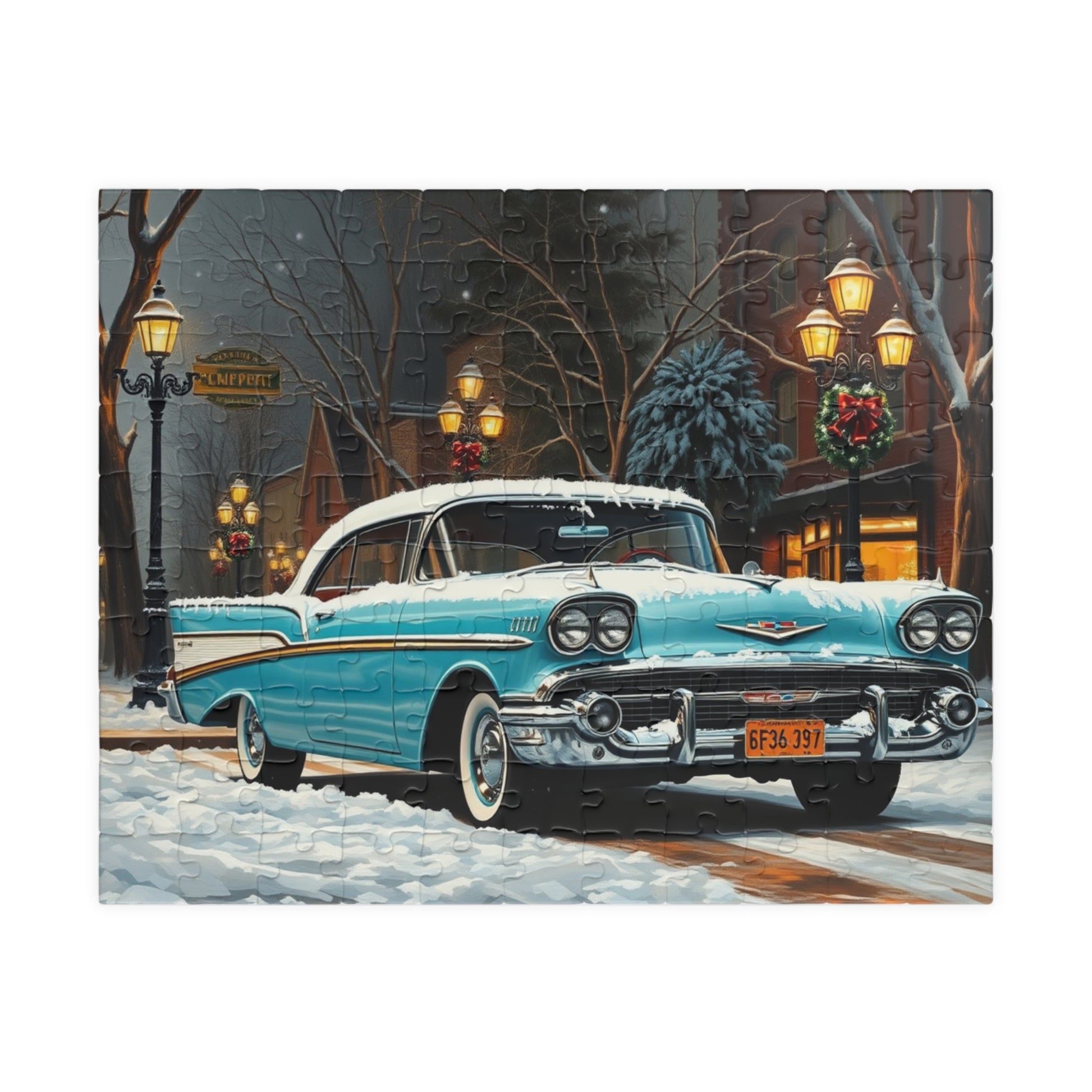 Vintage Car Puzzle - Winter Scene, Retro Classic Vehicle 1957 Bel Air Jigsaw Game 110 pcs (Horizontal) Puzzle The Puzzle Chest