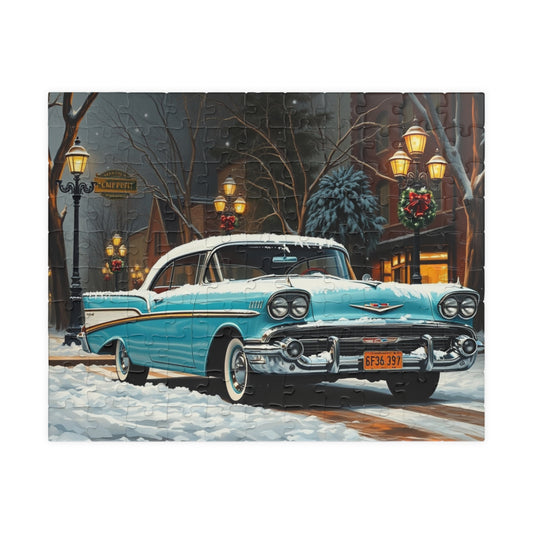 Vintage Car Puzzle - Winter Scene, Retro Classic Vehicle 1957 Bel Air Jigsaw Game 110 pcs (Horizontal) Puzzle The Puzzle Chest