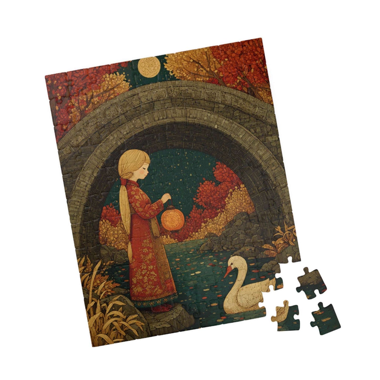 Autumn Pond Fairy-Tale Puzzle - Fall Landscape Girl and Ducklings Jigsaw Game for Family or Solo Fun, Puzzle Lover Gift, Brain Teaser 110 pcs (Vertical) Puzzle The Puzzle Chest