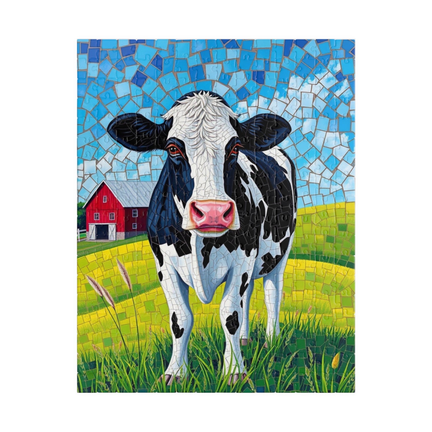 Mosaic Art Cow Jigsaw Puzzle, Peaceful Rural Landscape, Black and White Cow in a Farm Pasture with Red Barn and Blue-Sky Tabletop Game, Gift 252 pcs (Vertical) Puzzle The Puzzle Chest