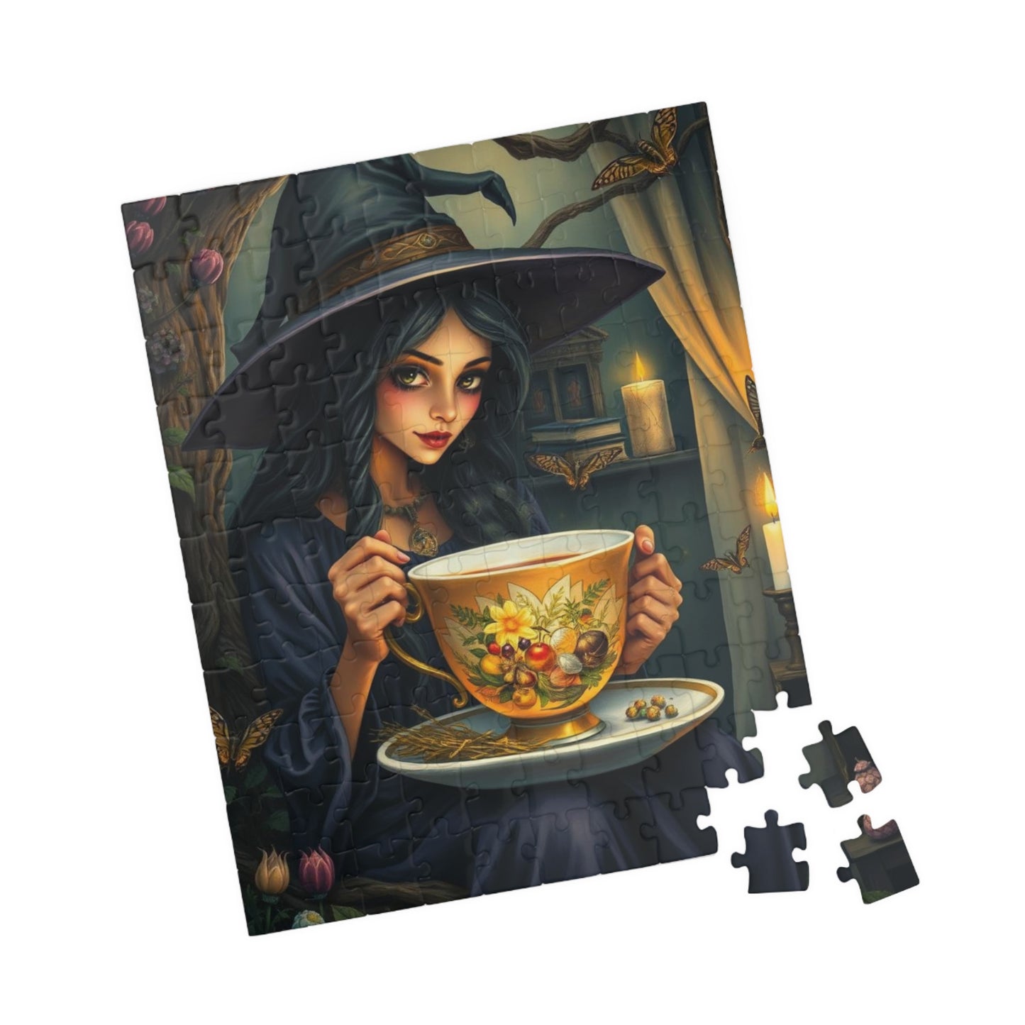 Witch's Teatime Jigsaw Puzzle, Spooky Fun for Halloween, Family Game Night, Cozy Nights, Unique Holiday Birthday Gift for Puzzle Lover