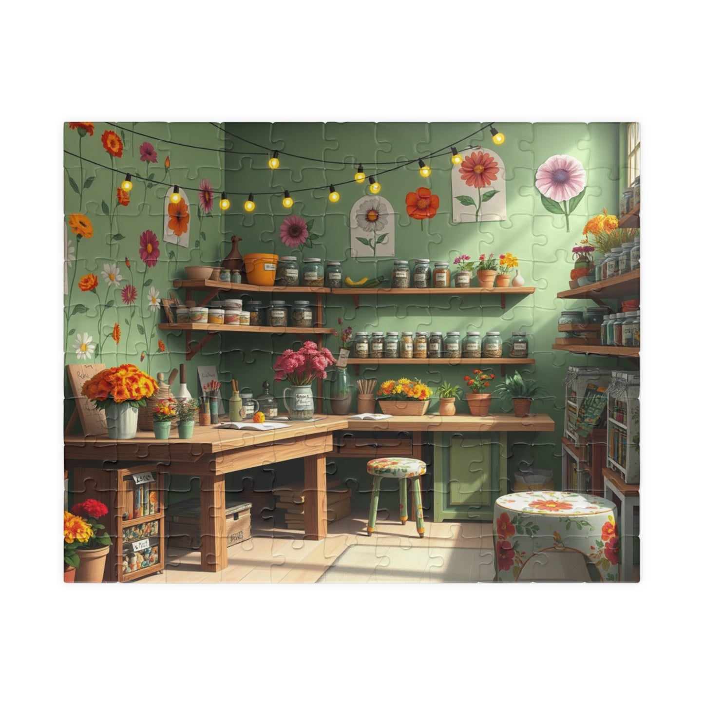 Country Garden Workshop Puzzle (110-1014 Piece), Colorful Flower Illustrations Sage Green Walls and String Lights, Plant Enthusiast Gift 110 pcs (Horizontal) Puzzle The Puzzle Chest