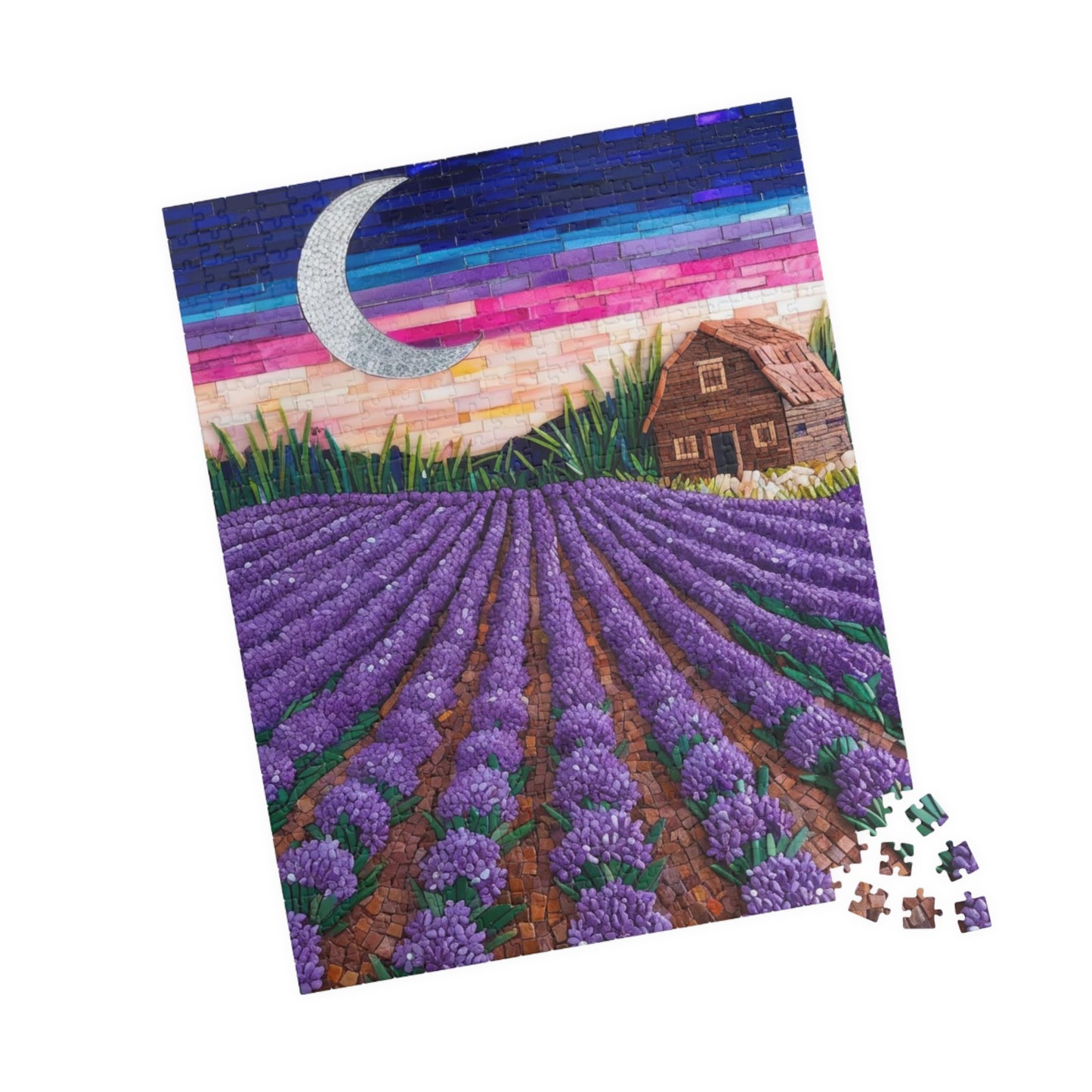 Jigsaw Puzzle, Lavender Fields Mosaic Landscape 110 252 520 1014-piece, Earthy Farmhouse Flower Rows, Rustic Mosaic Tiles Puzzle, Floral Puzzle The Puzzle Chest