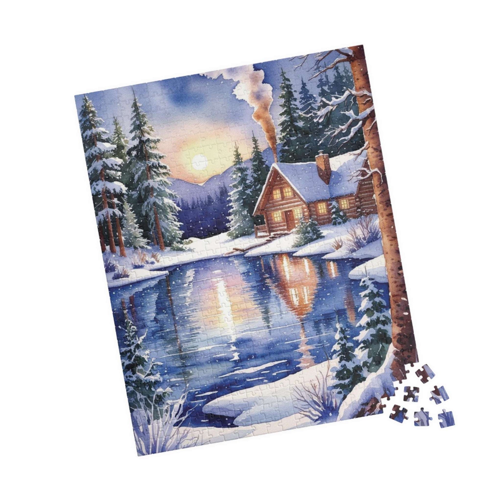 Winter Snowy Landscape Jigsaw Puzzle, Cozy Log Cabin, 110-1014 Piece Puzzle, Watercolor Style, Christmas Gift, Relaxing Activity, Giftable Puzzle The Puzzle Chest
