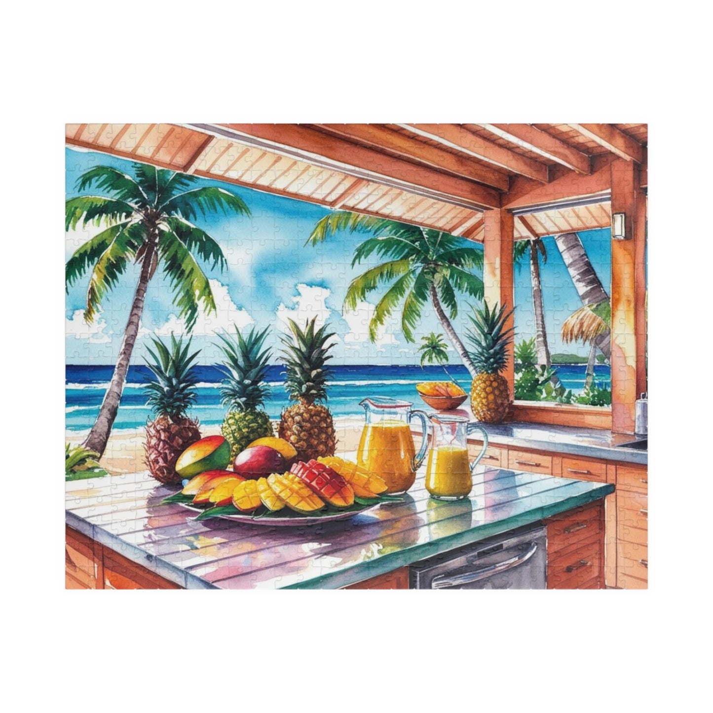 Tropical Island Jigsaw Puzzle, 110, 252, 520, 1014-Piece, Beach Kitchen Scene, Fruit Platter Ocean View Palm Trees, Puzzle Enthusiast Gift 520 pcs (Horizontal) Puzzle The Puzzle Chest