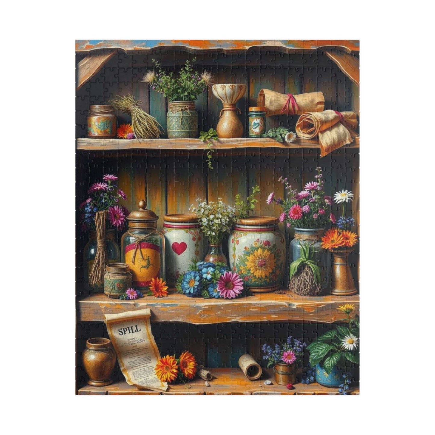 Stitchleaf Spell Shelf Jigsaw Puzzle - Cozy Cottage Folk Art Adult 110-520 Piece Game for Nature Lover, Family Fun, Birthday Gift for Friend 520 pcs (Vertical) Puzzle The Puzzle Chest