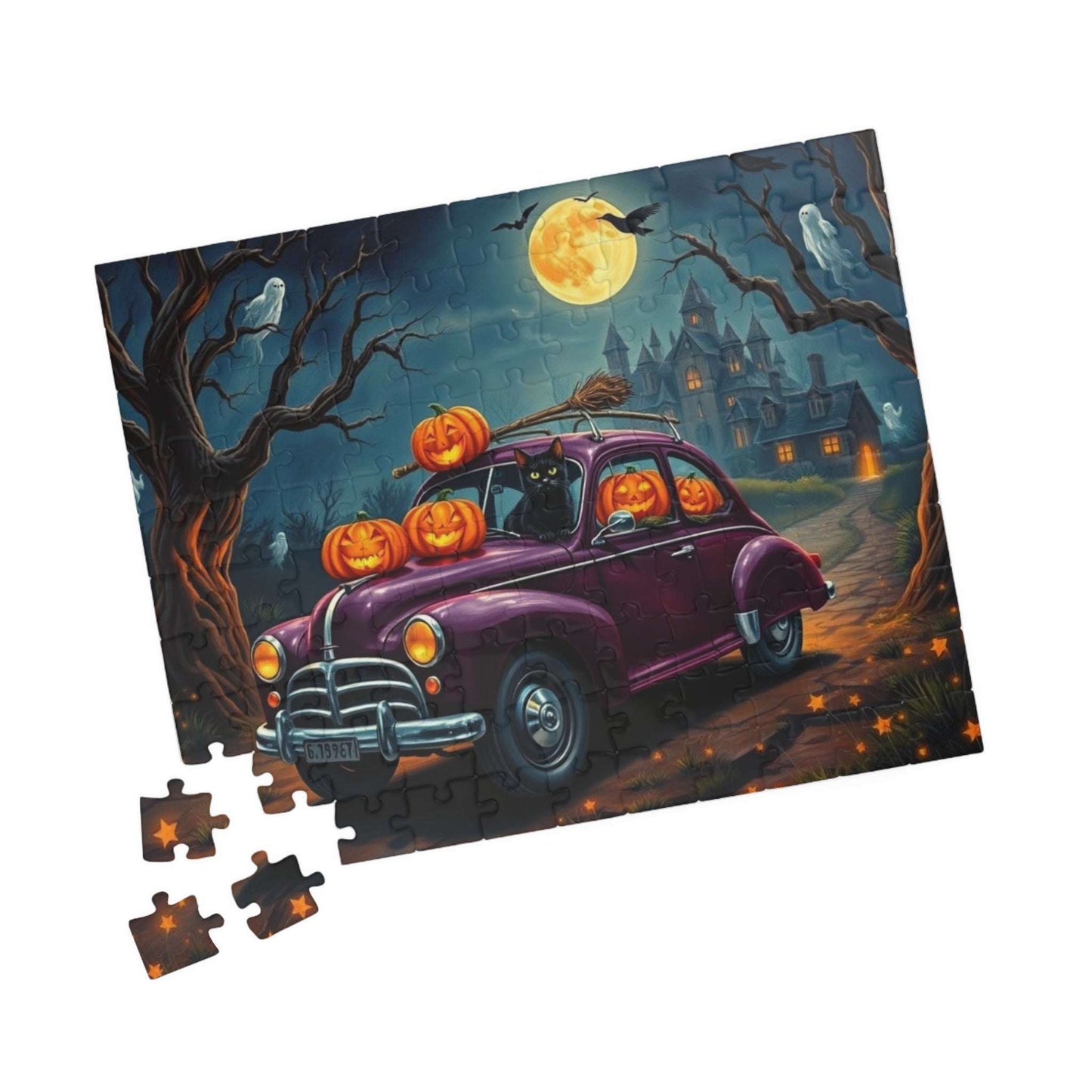 Halloween-Themed Vintage Car Jigsaw Puzzle with Cats, Ghosts and Pumpkins