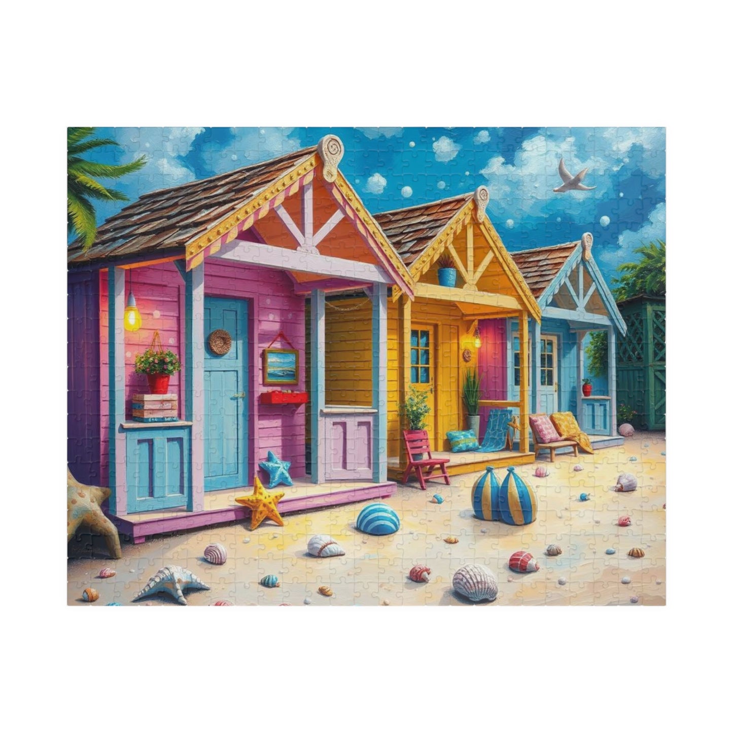 Beach Puzzle with Pastel Huts, Coastal Jigsaw Puzzle for Adult, 110-1014 Pieces Seaside Puzzle Fun Family Game, Friend Gift for Puzzle Lover 520 pcs (Horizontal) Puzzle The Puzzle Chest