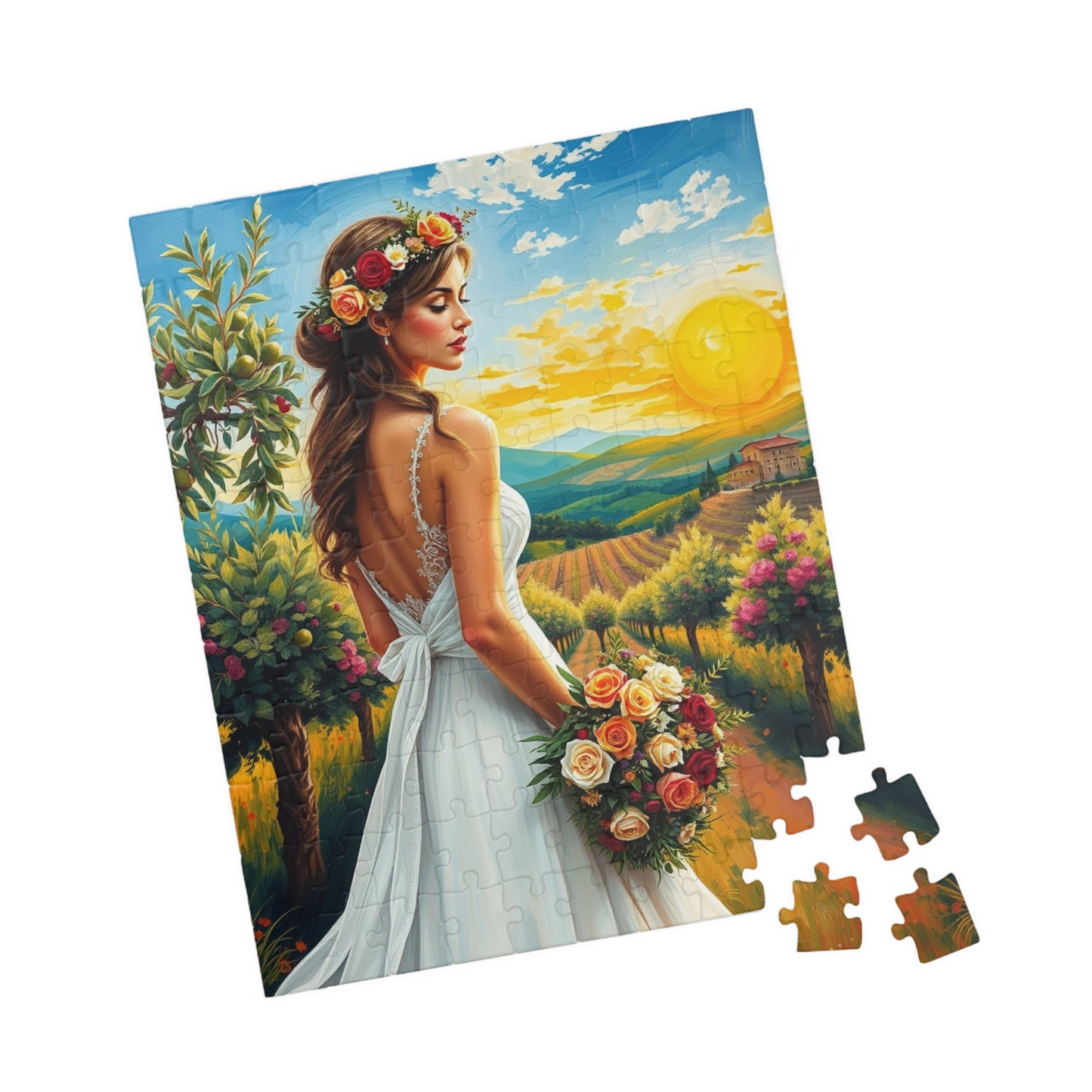 Romantic Italian Bride Jigsaw Puzzle, White Gown Floral Crown Rose Bouquet, Tuscan Wine Vineyard Romantic Wedding, Unique Puzzle Lover Gift Puzzle The Puzzle Chest