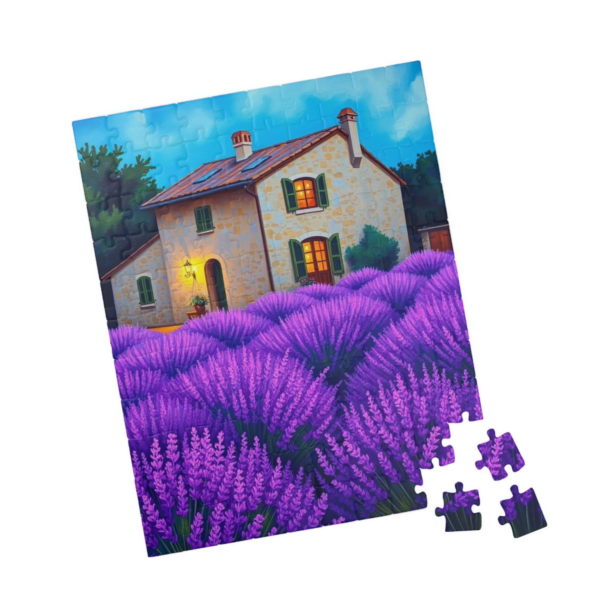 Puzzle, Bioluminescent Lavender Fields in Provence, France, 110/252/520/1014-Piece, Rustic Stone Farmhouse, Wooden Shutters, Vibrant Purple Puzzle The Puzzle Chest