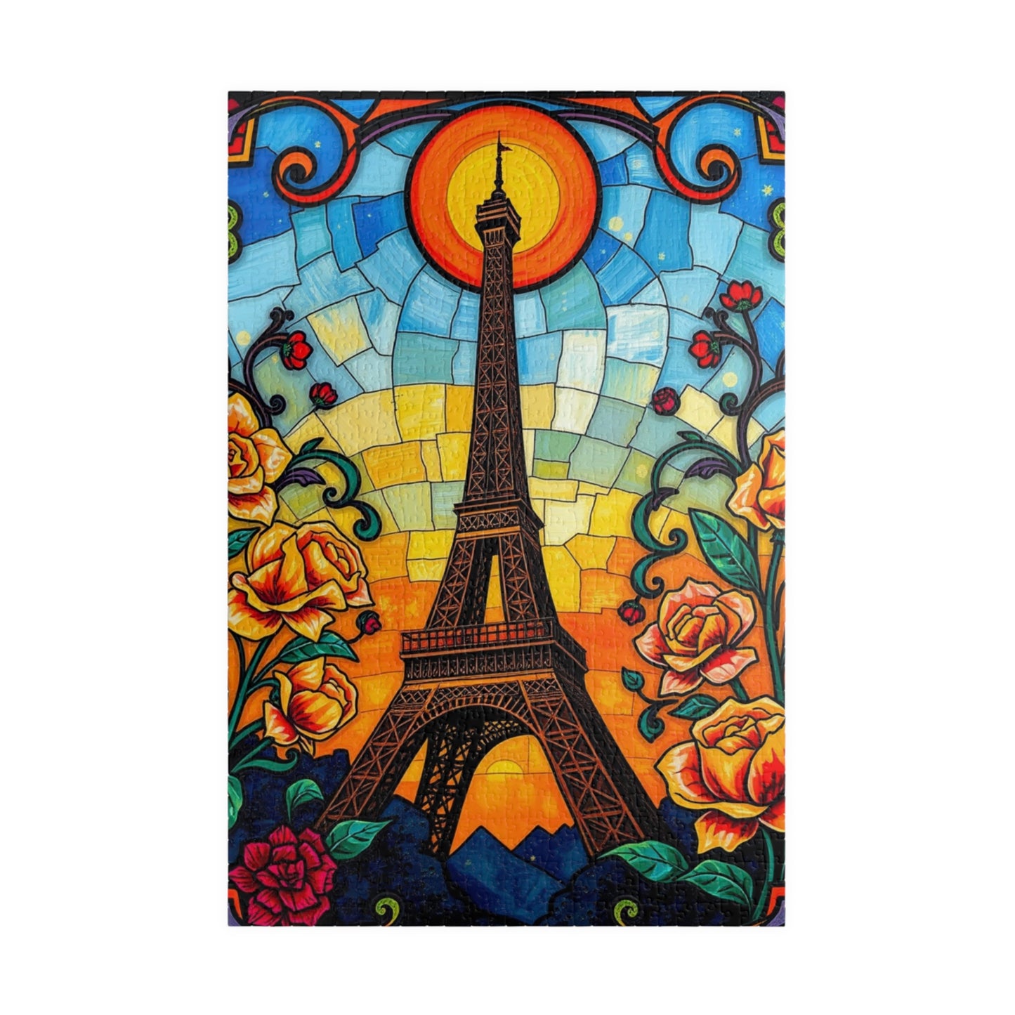 Eiffel Tower Sunset Jigsaw Puzzle, Floral Stained Glass Style, Famous Landmark, Parisian Landscape Art, Relaxing Adult Hobby, Giftable Game 1014 pcs (Vertical) Puzzle The Puzzle Chest