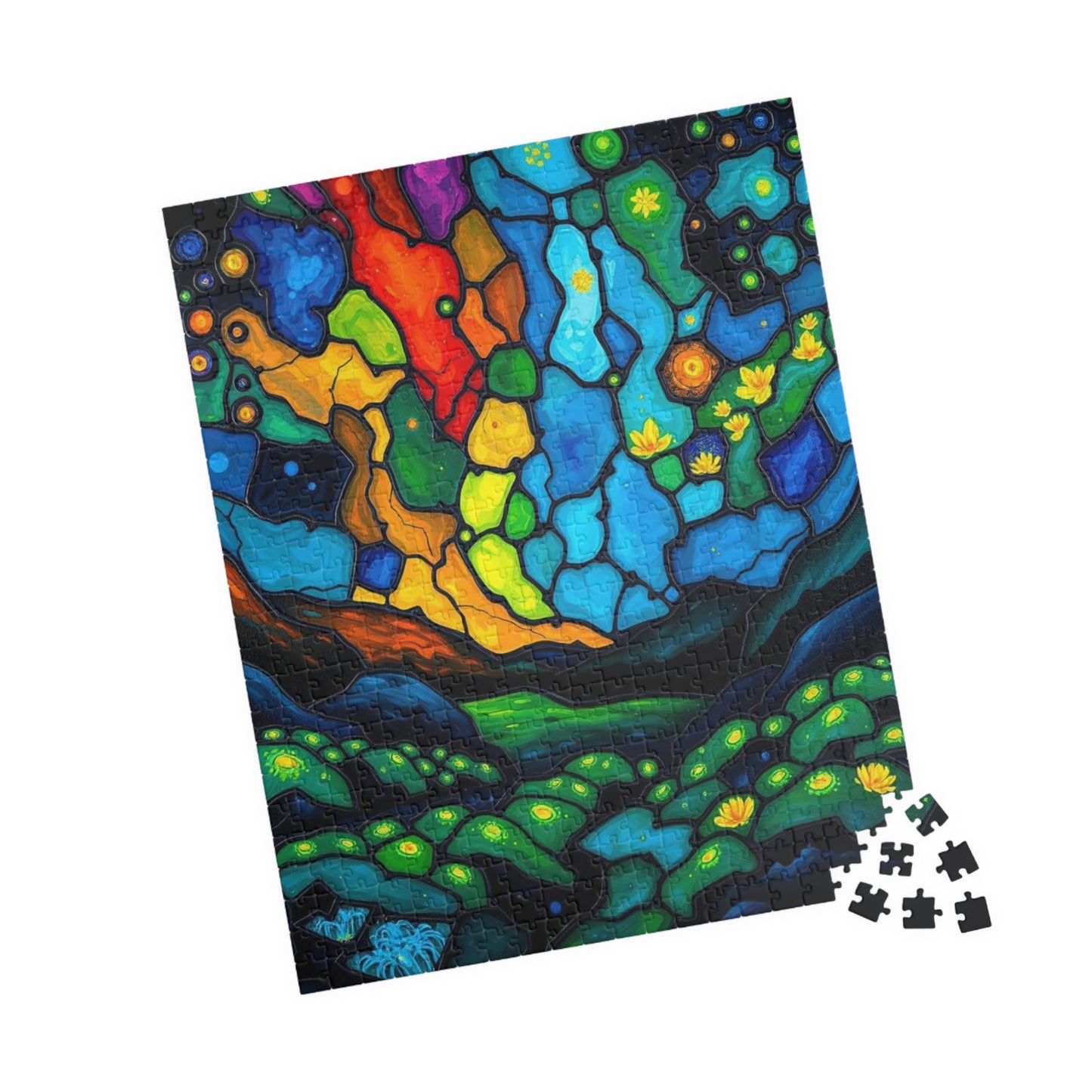 Radiant Understory Landscape Jigsaw Puzzle, Stained Glass Style Nature-Themed Abstract Puzzle for Family Fun, Gifts, Home Decor, Game Nights