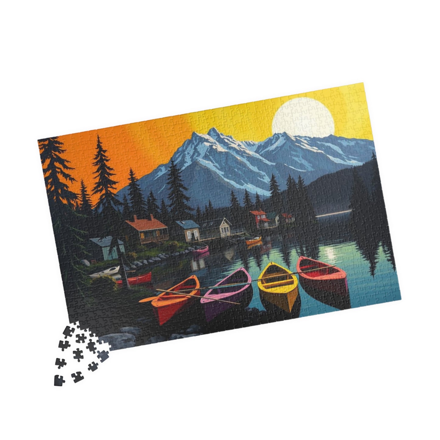Banff Lakeside Village Puzzle for Adults, Nature Kayaks Trees Cabins and Mountains Jigsaw Game Puzzle The Puzzle Chest